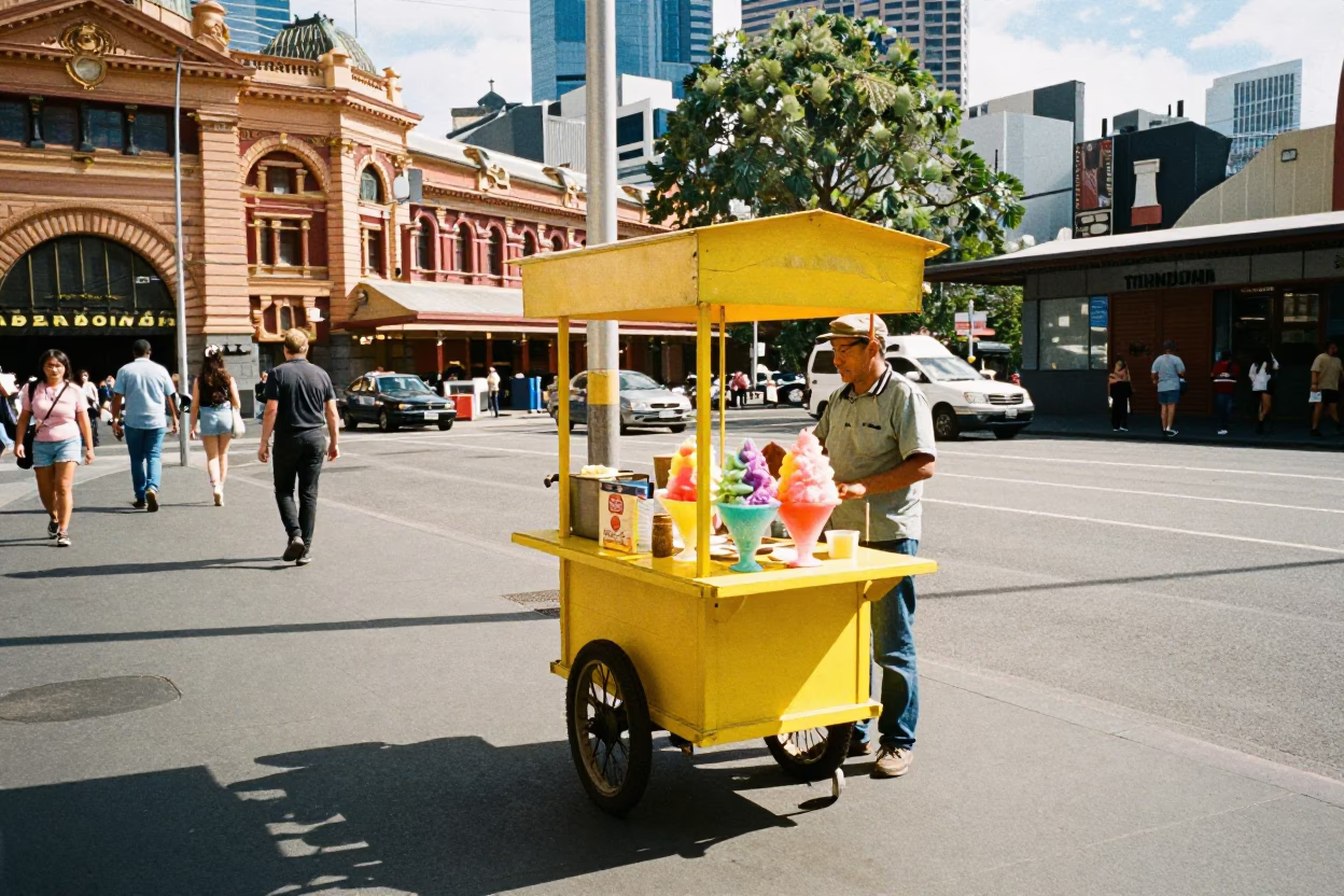 Vintage 1980s Melbourne Street Scene with Colorful Shaved Ice and Urban Details in in Melbourne, Victoria, Australia