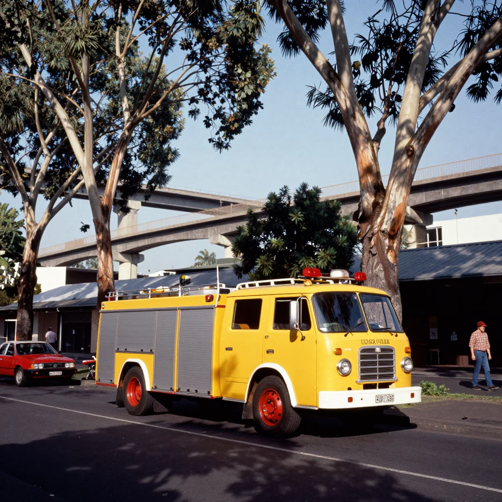 Vintage 1980s Melbourne Street Scene with Yellow Fire Engine and Urban Architecture in in Melbourne, Victoria, Australia