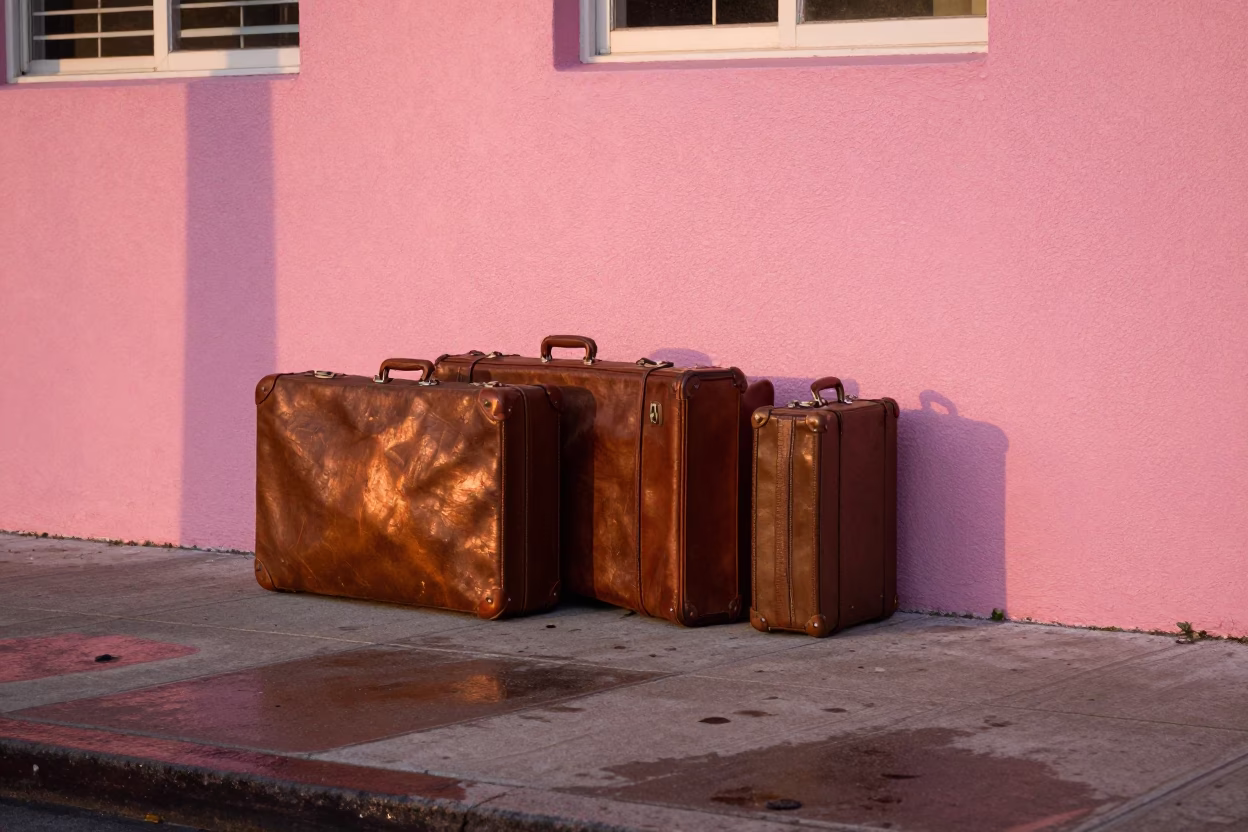 Vintage 1980s Miami Street Scene with Traveler Suitcases Before Dusk in in Miami, Florida, United States