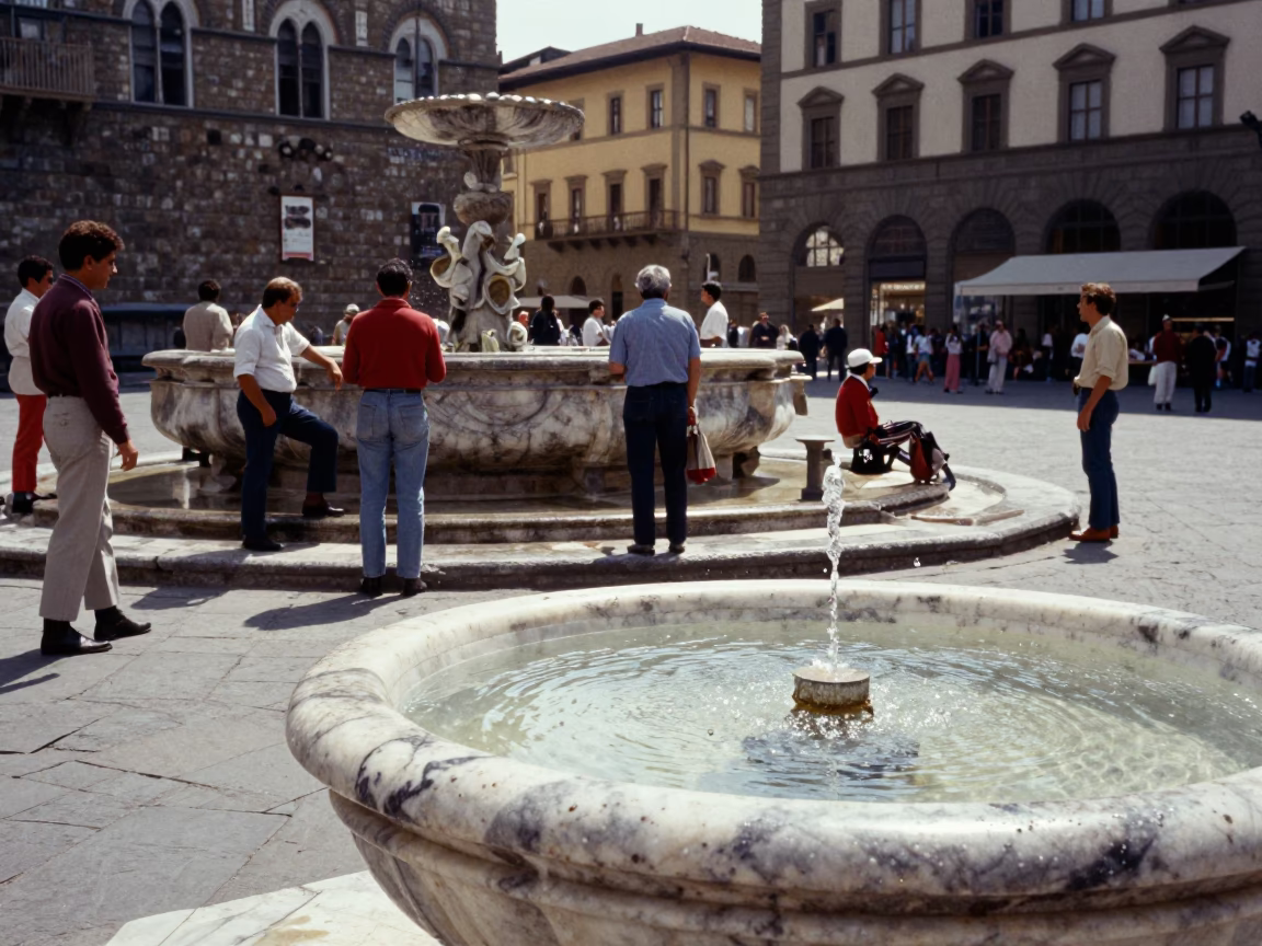 Vintage 1980s Midday Street Scene in Florence Italy with Condensation on Basin in in Florence, Italy