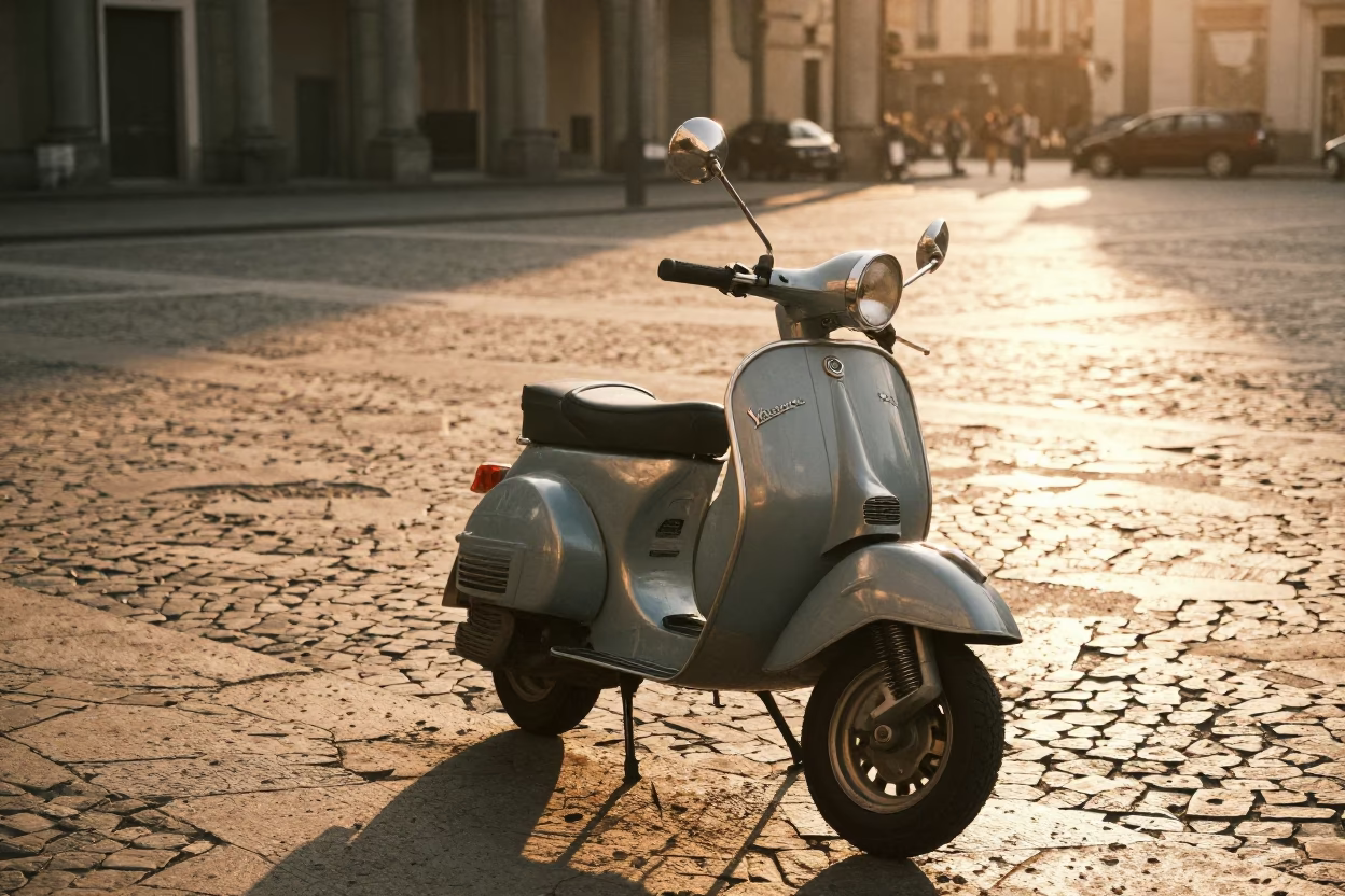 Vintage 1980s Milan Evening Street Scene with Scooter and Honeyed Light in in Milan, Italy
