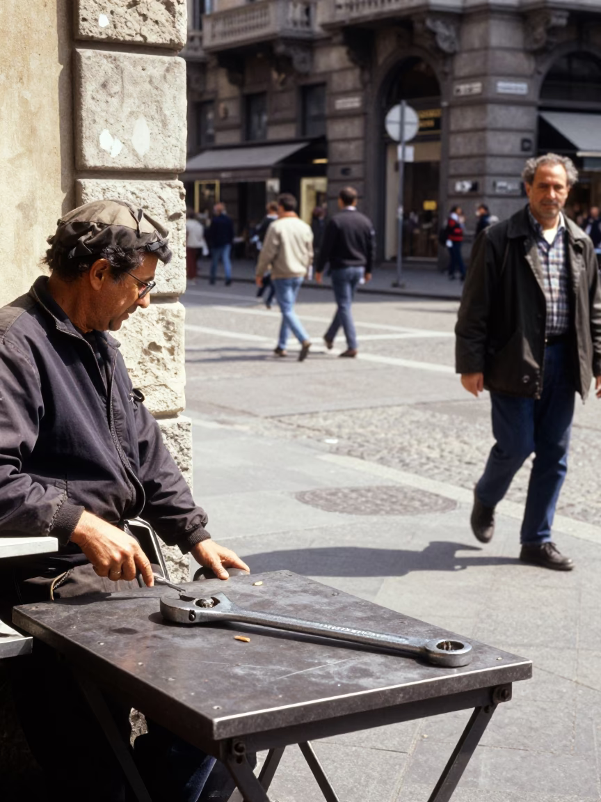 Vintage 1980s Milan Street Scene with Adjustable Spanner and Pierogi Plate in in Milan, Italy