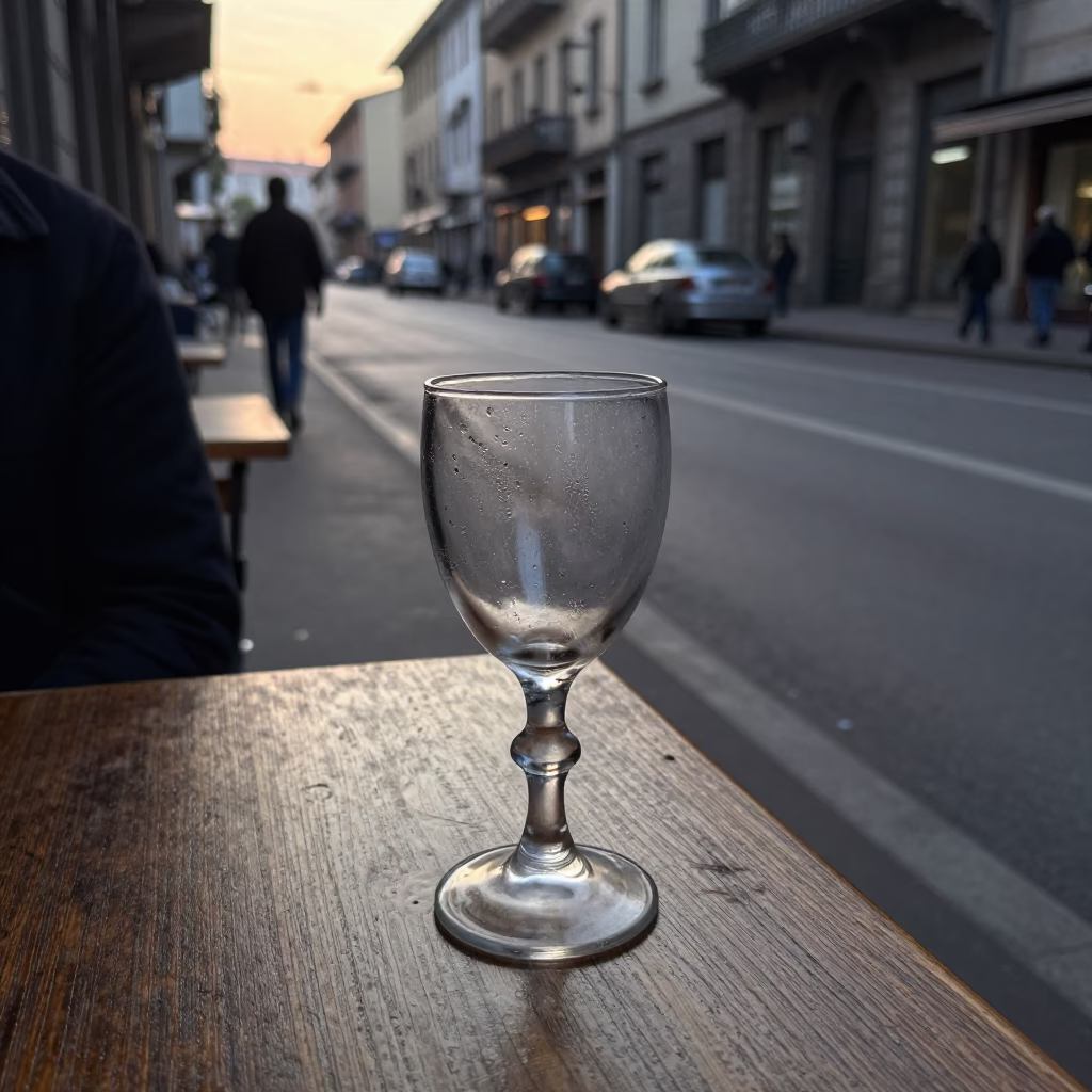 Vintage 1980s Milan Street Scene with Condensation and Goblet at Nautical Dawn in in Milan, Italy
