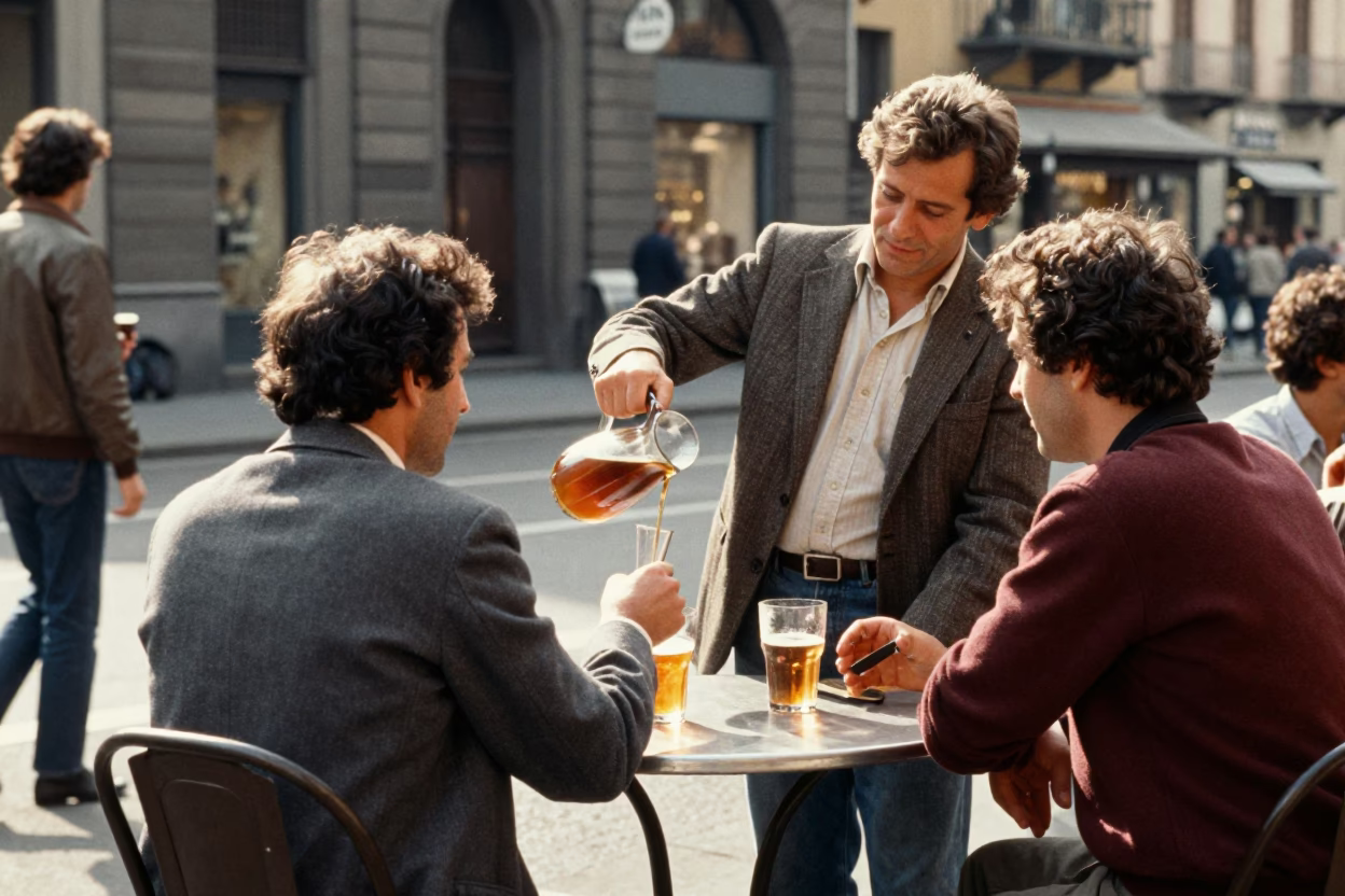 Vintage 1980s Milan street scene with locals sharing drinks in in Milan, Italy