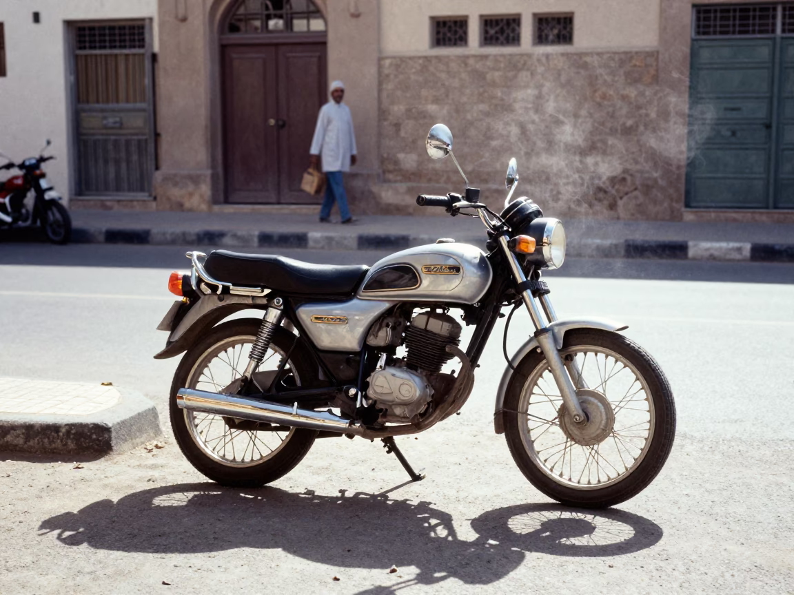 Vintage 1980s Muscat Midday Street Scene with Motorcycle and Coastal Highway in in Muscat, Oman