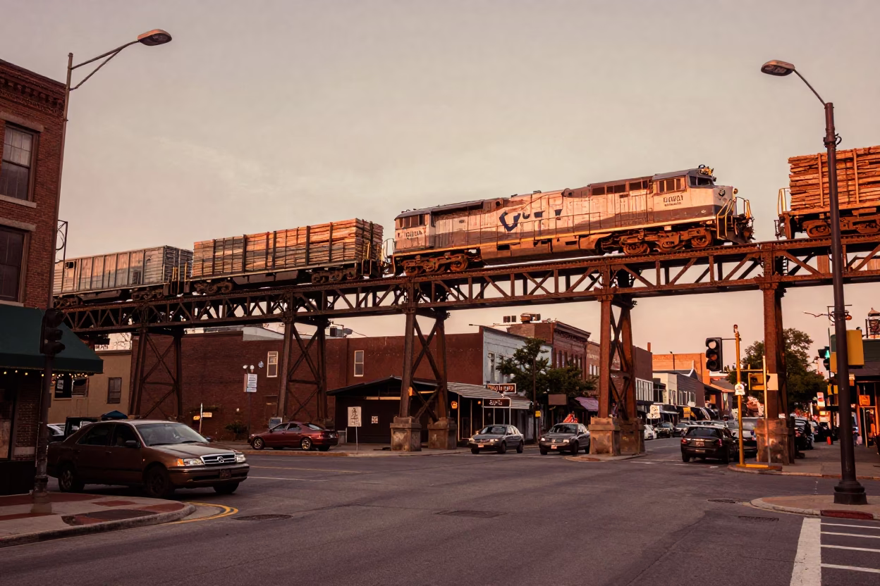 Vintage 1980s Nashville Street Scene with Freight Train Crossing Trestle in Copper Light in in Nashville, Tennessee, United States