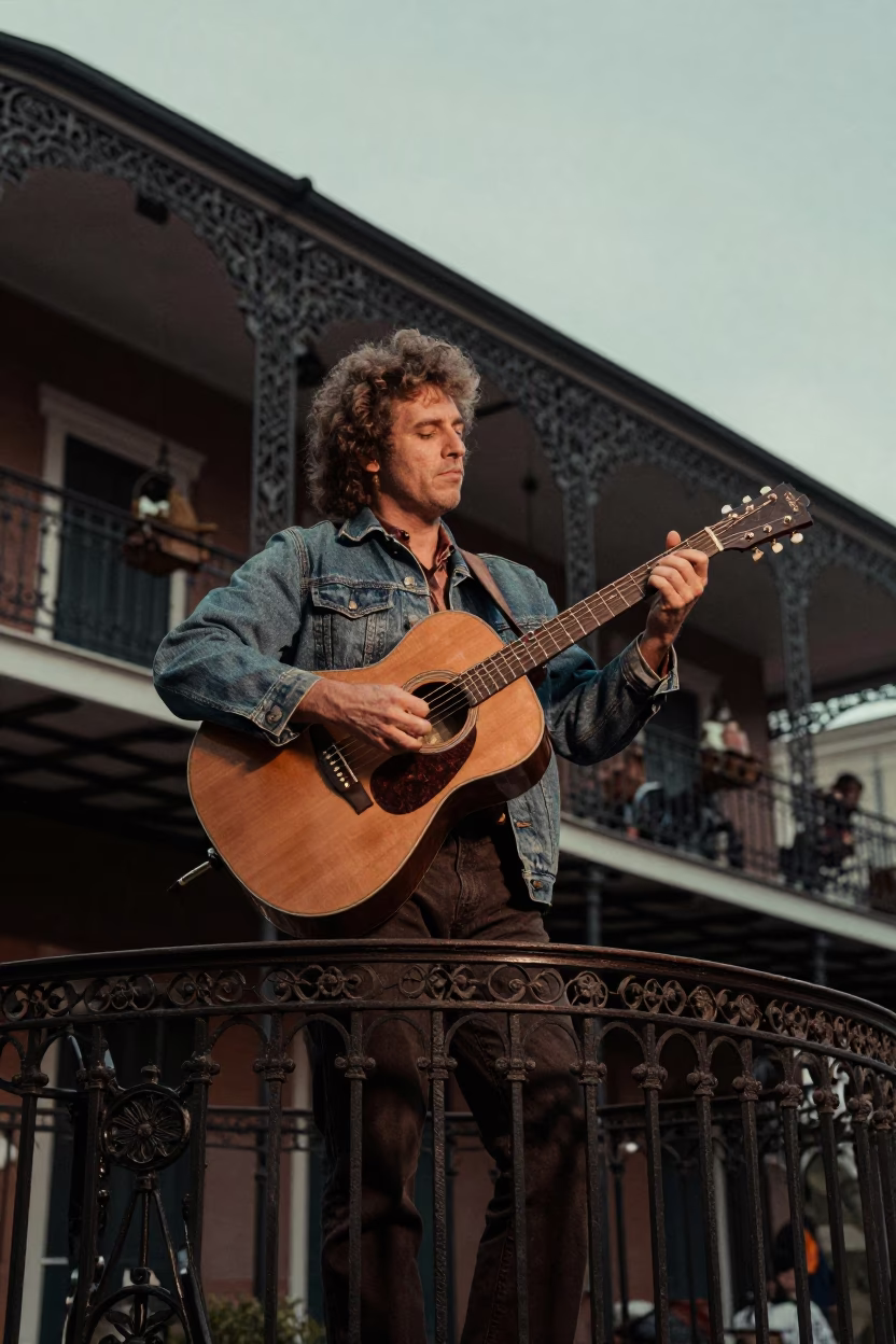 Vintage 1980s New Orleans Jazz Guitarist Playing on Historic French Quarter Balcony at Dusk in in New Orleans, Louisiana, United States