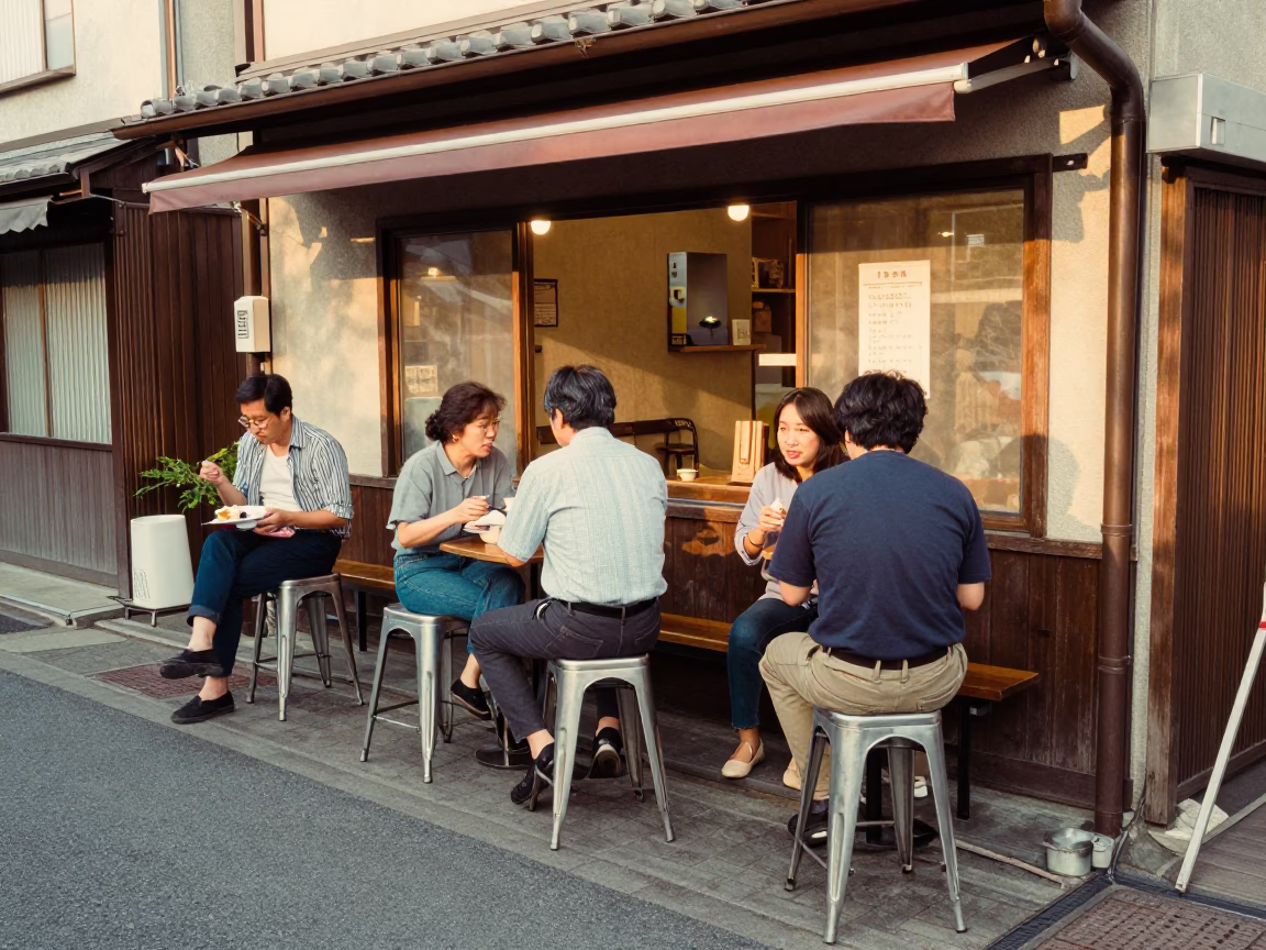 Vintage 1980s Osaka Street Scene with Metal Stools and Casual Diners in in Osaka, Japan