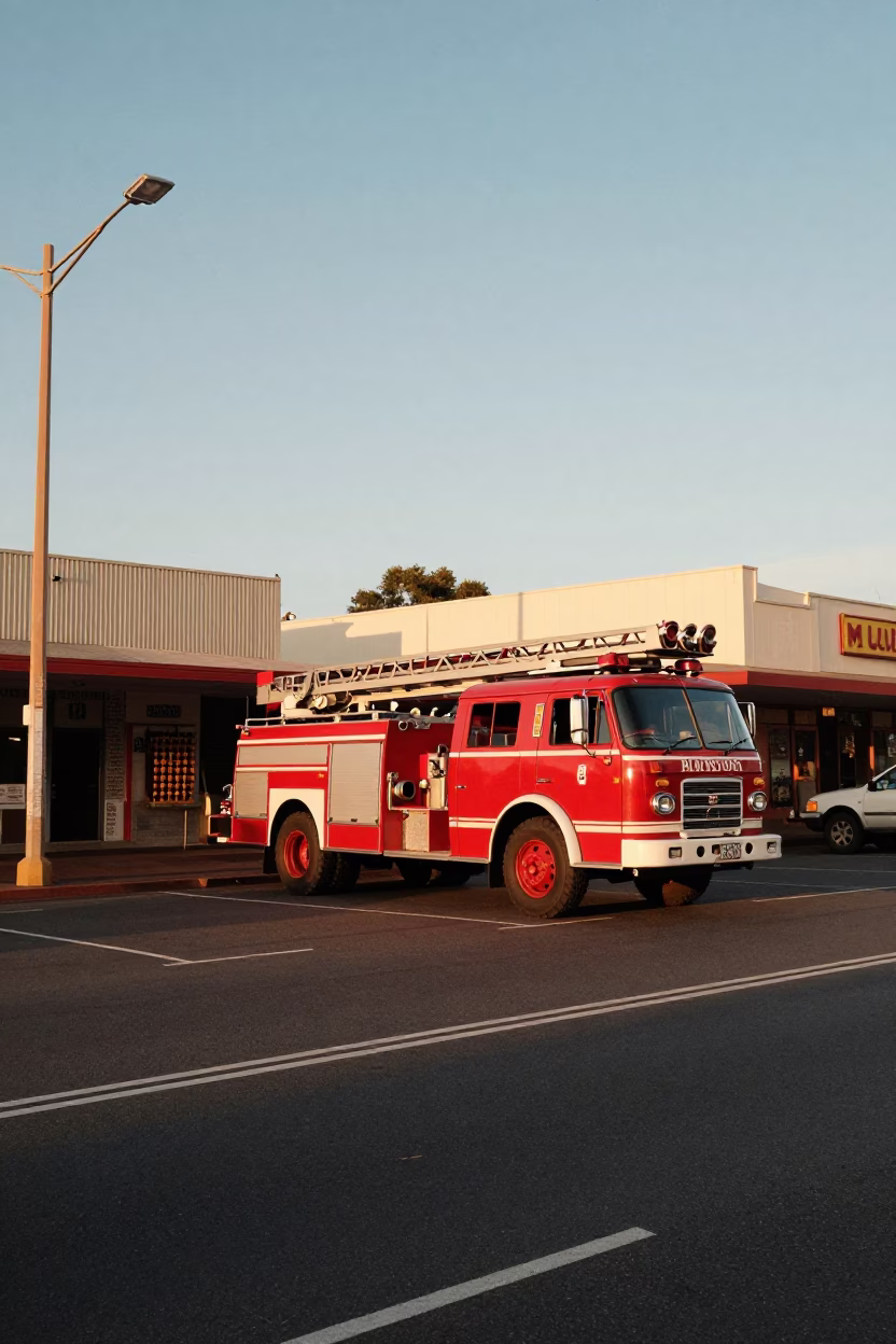 Vintage 1980s Perth Sunset Street Scene with Fire Engine and Pickle Jar on Table in in Perth, Western Australia, Australia