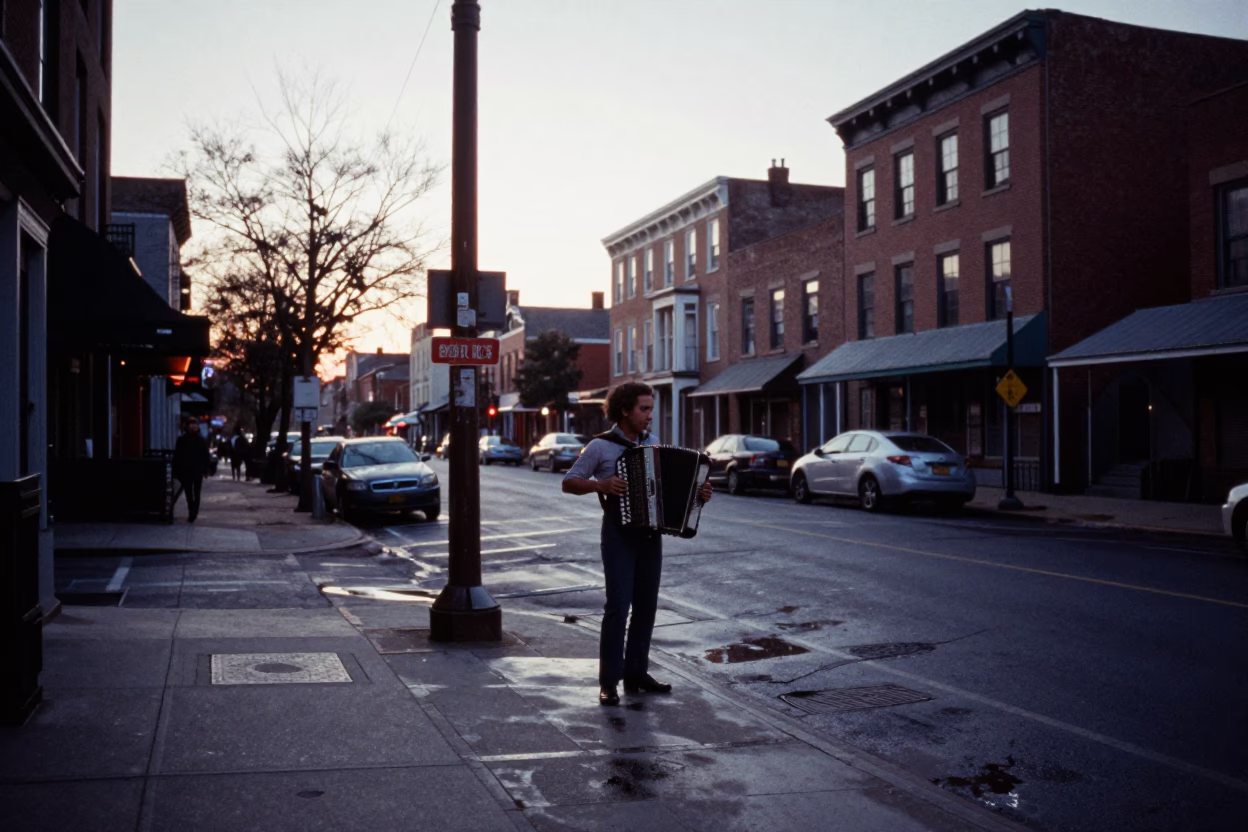 Vintage 1980s Philadelphia Street Scene Before Sunrise with Accordion Player in in Philadelphia, Pennsylvania, United States