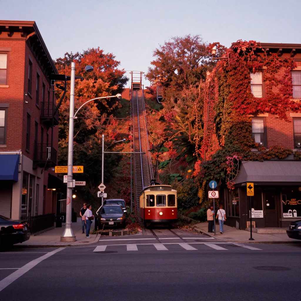 Vintage 1980s Philadelphia Street Scene with Copper Dusk Light and Autumn Vines in in Philadelphia, Pennsylvania, United States