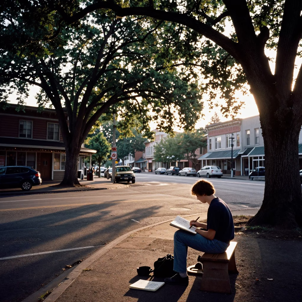 Vintage 1980s Portland Oregon Late Afternoon Street Scene with Sketchbook and Charcoal in in Portland, Oregon, United States