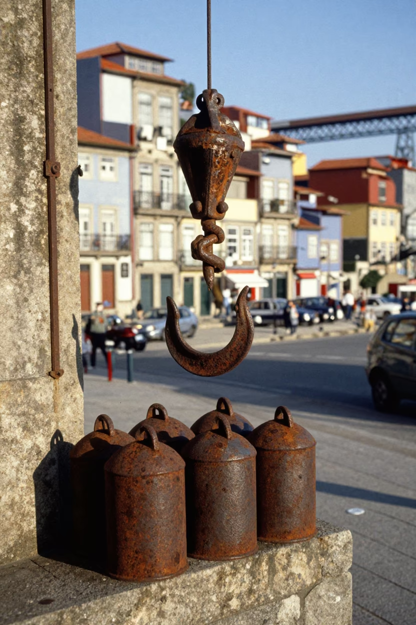 Vintage 1980s Porto Street Scene with Iron Hook and Canisters in Afternoon Light in in Porto, Portugal