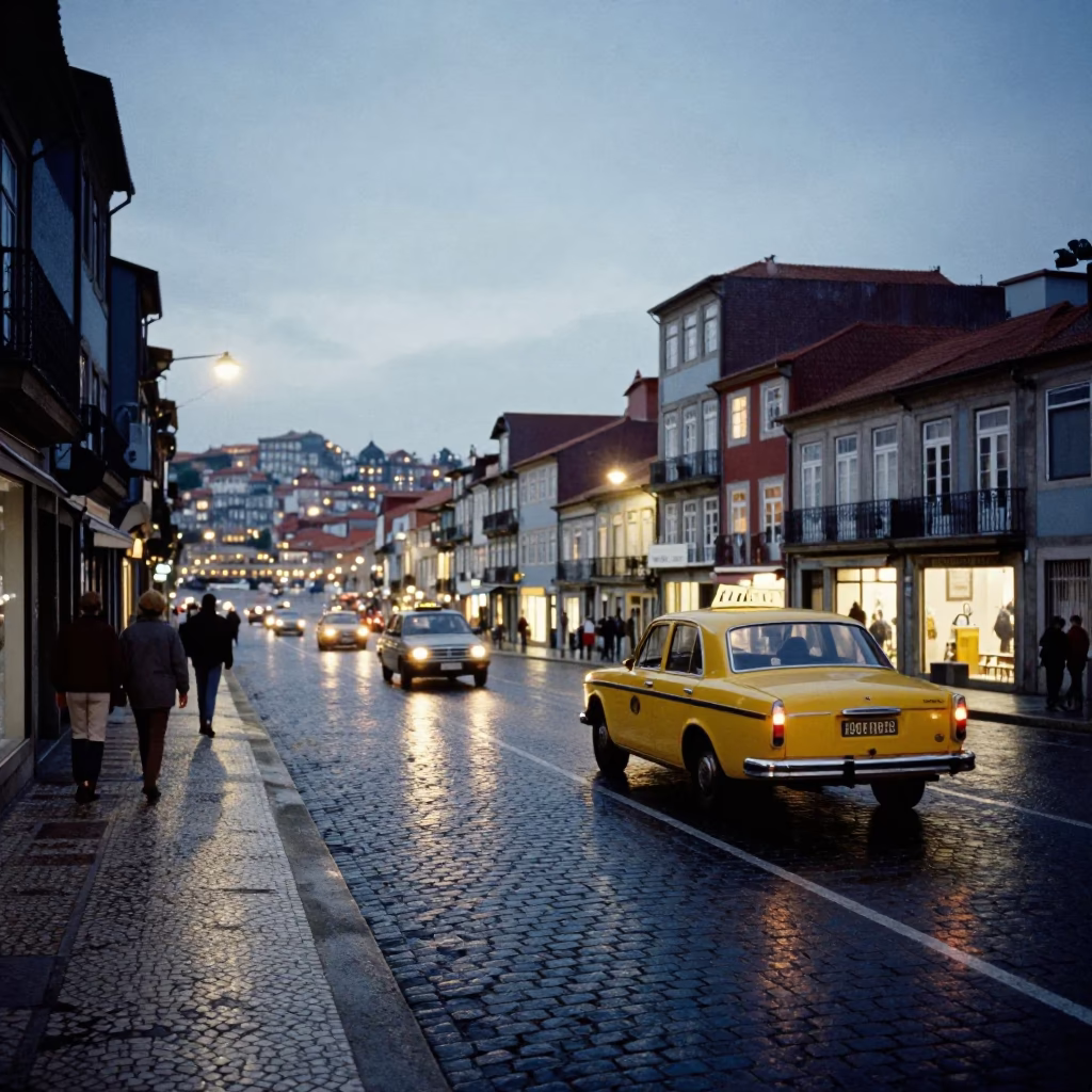 Vintage 1980s Porto Street Scene with Yellow Taxi and City Lights Glowing in in Porto, Portugal