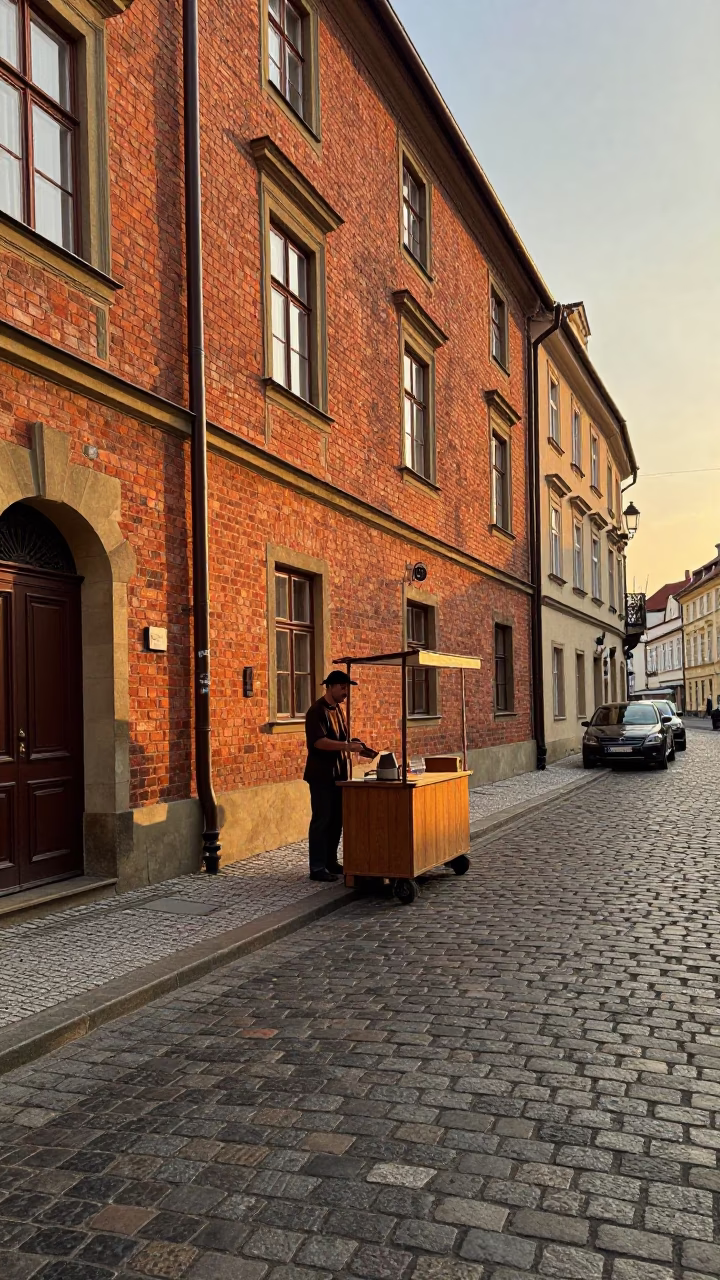 Vintage 1980s Prague Evening Street Scene with Wax Seal Stamp Detail in in Prague, Czech Republic