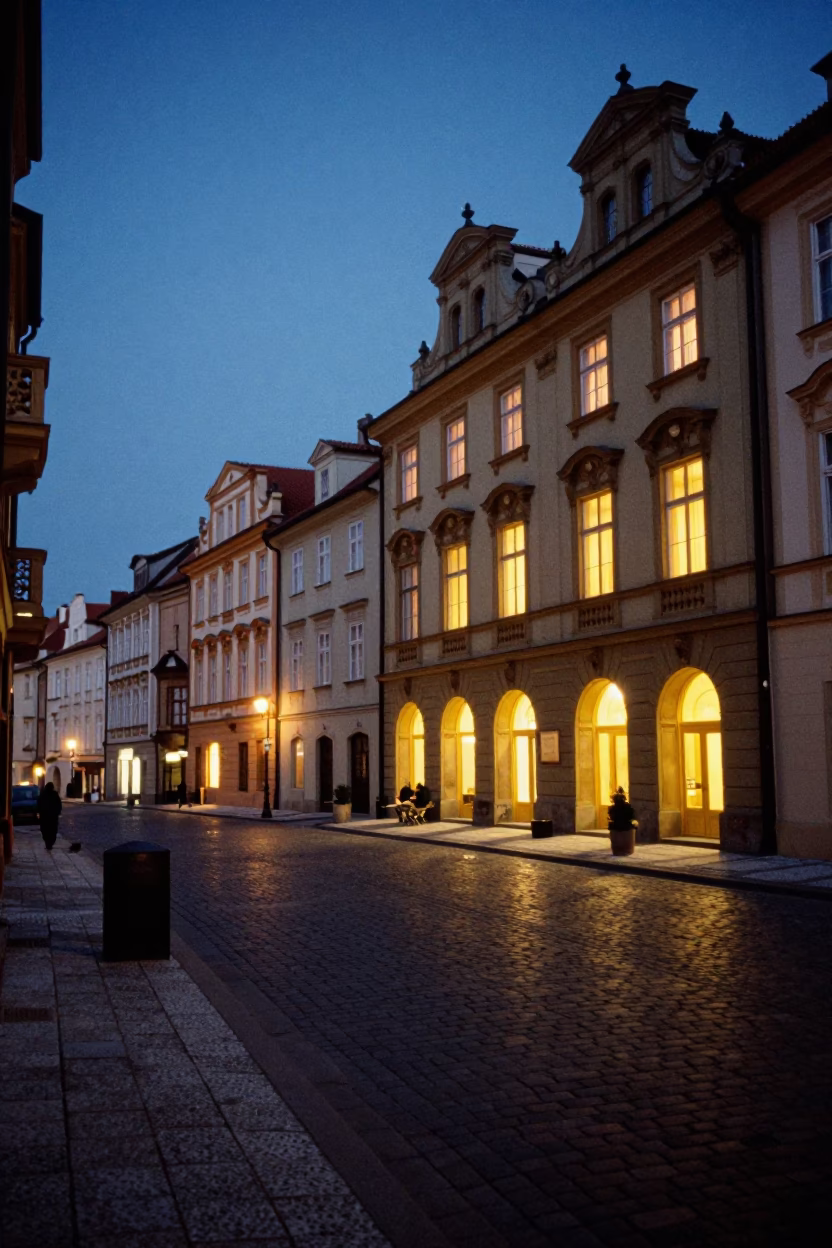 Vintage 1980s Prague Street Scene at Indigo Twilight with Local Market Activity in in Prague, Czech Republic