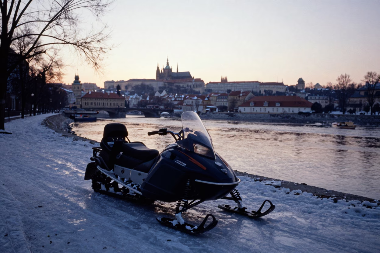 Vintage 1980s Prague Street Scene Before Sunrise with Snowmobile and Model Airplane in in Prague, Czech Republic