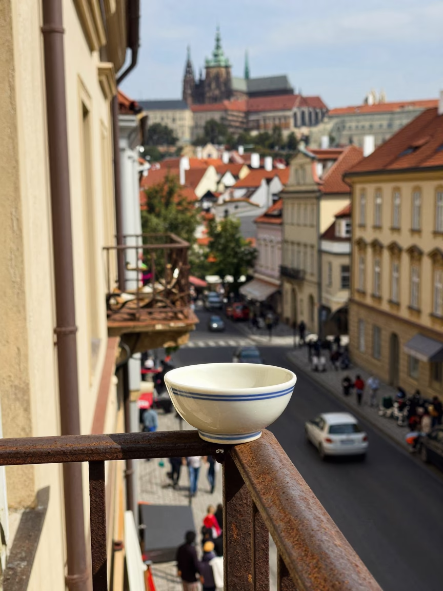 Vintage 1980s Prague Street Scene with Key Bowl and Soap Residue on Balcony in in Prague, Czech Republic
