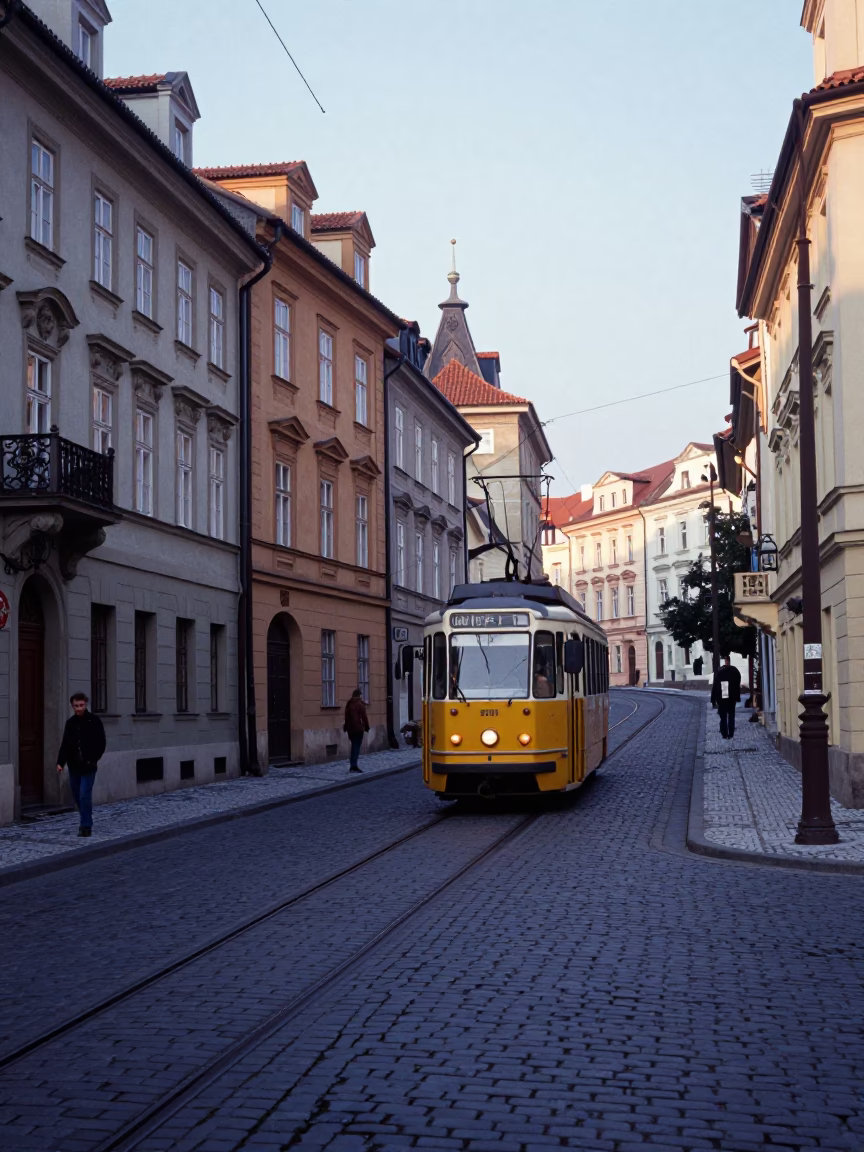 Vintage 1980s Prague Street Scene with Tram Climbing Hill Before Sunrise in in Prague, Czech Republic