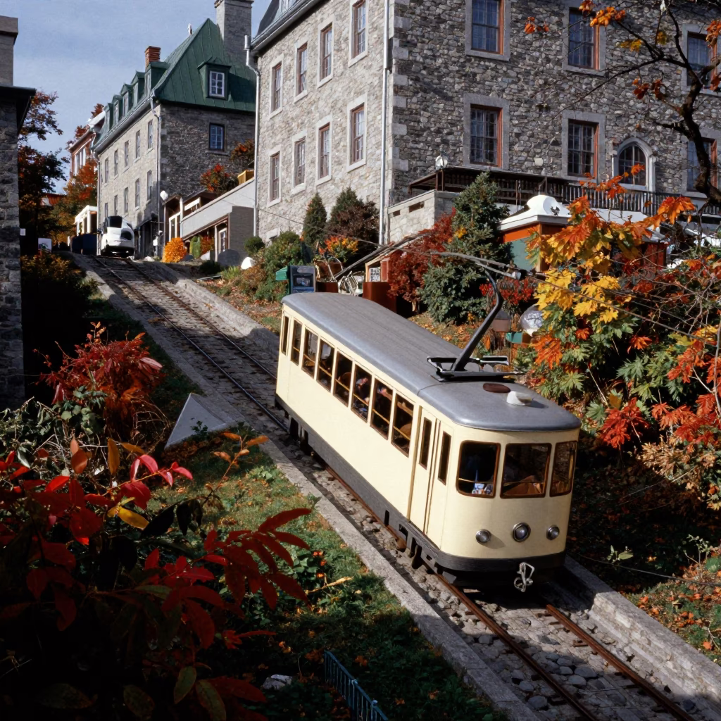 Vintage 1980s Quebec City Funicular Ascending Hillside Covered in Autumn Vines Early Afternoon in in Quebec City, Quebec, Canada
