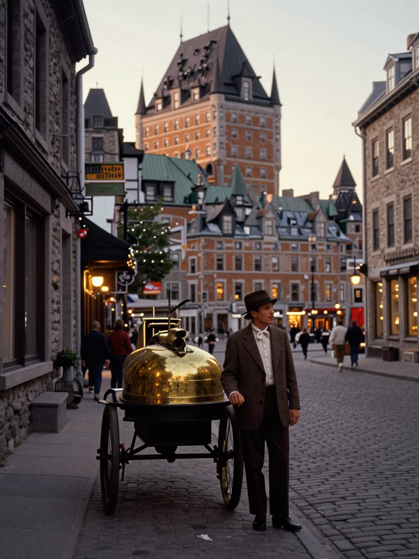 Vintage 1980s Quebec City Street Scene Before Dawn with Brass Water Carrier in in Quebec City, Quebec, Canada