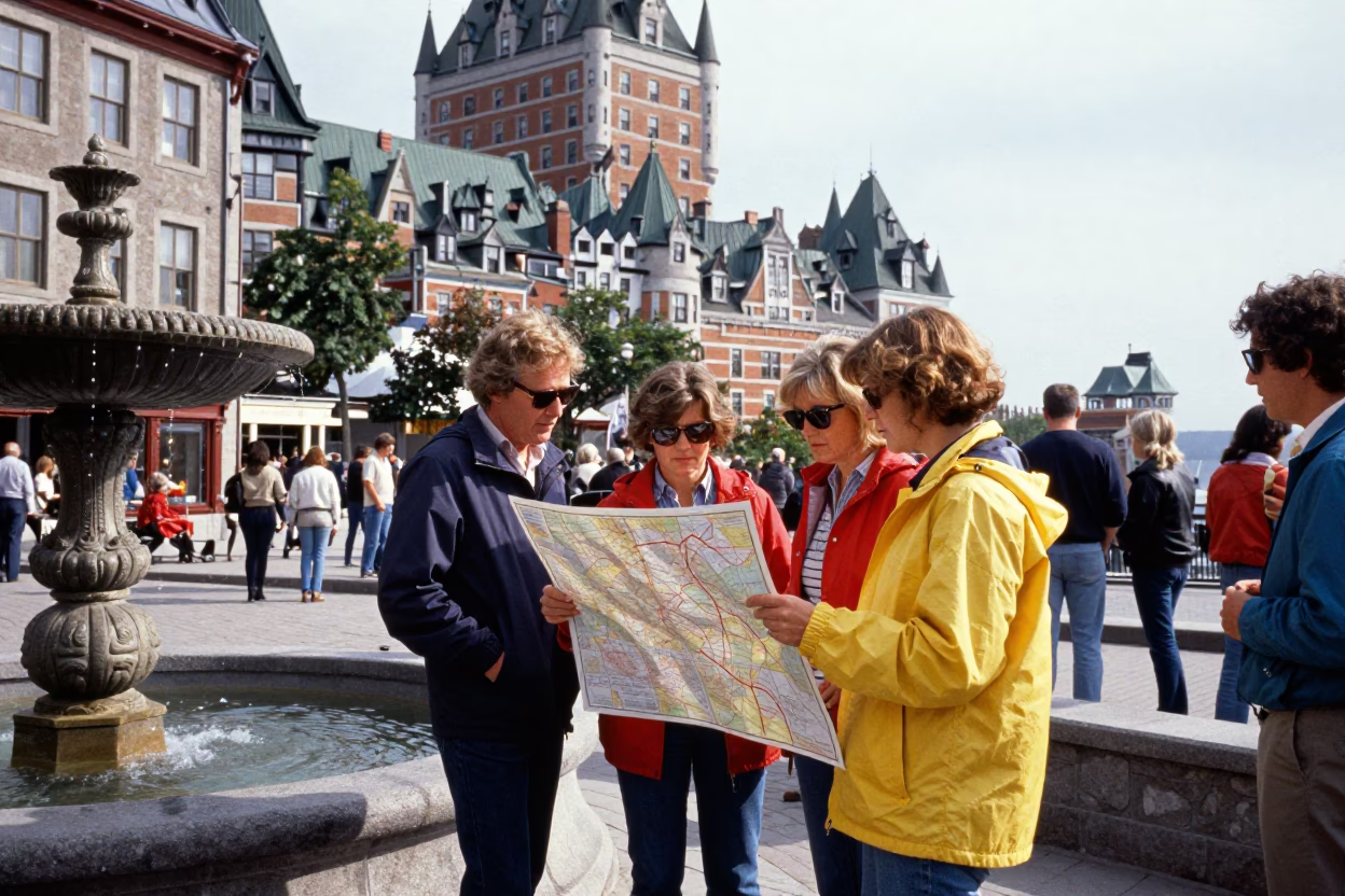Vintage 1980s Quebec City Street Scene with Tourists and Historic Stone Architecture in in Quebec City, Quebec, Canada