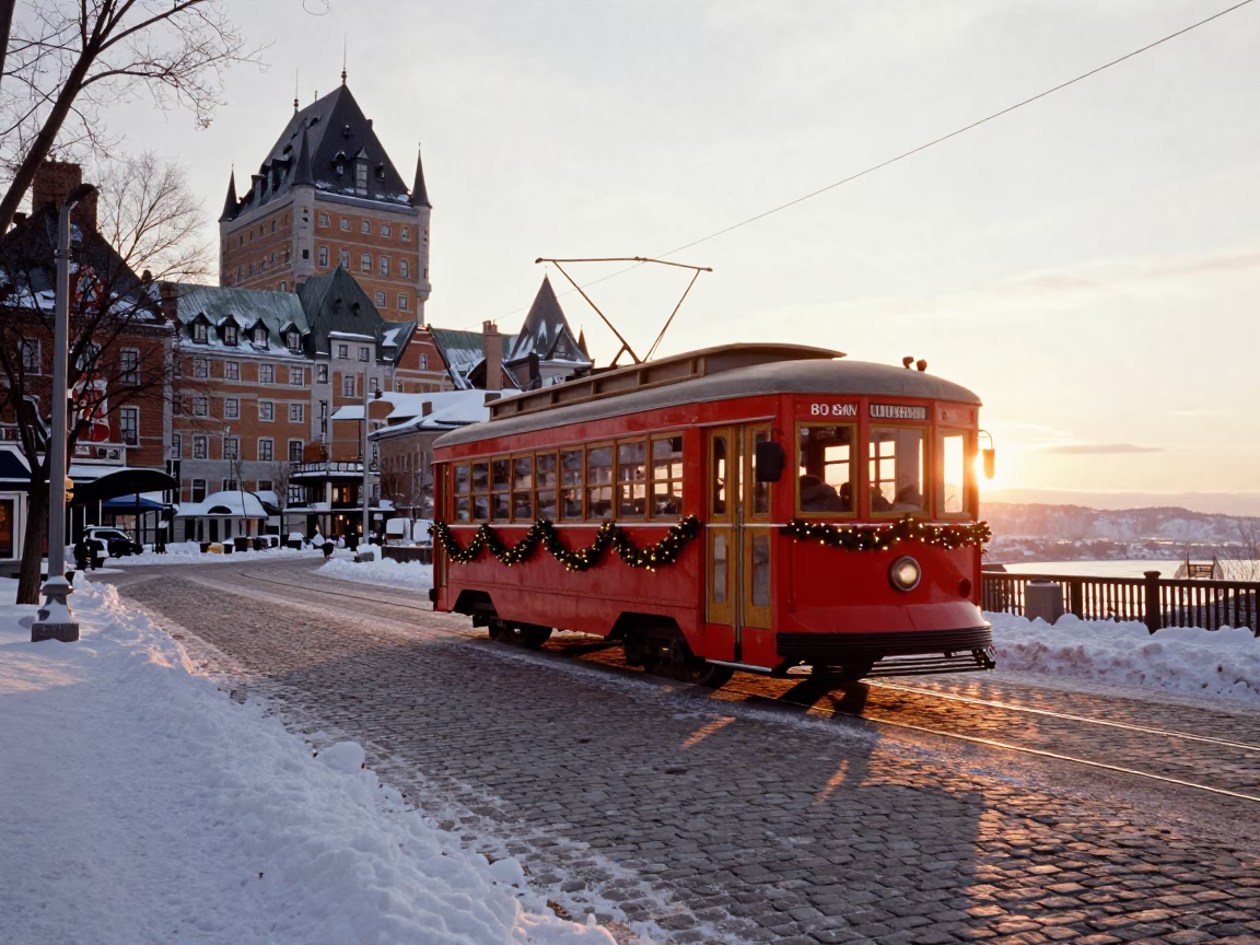 Vintage 1980s Quebec City Tramcar on Snowy Avenue at Sunset in in Quebec City, Quebec, Canada