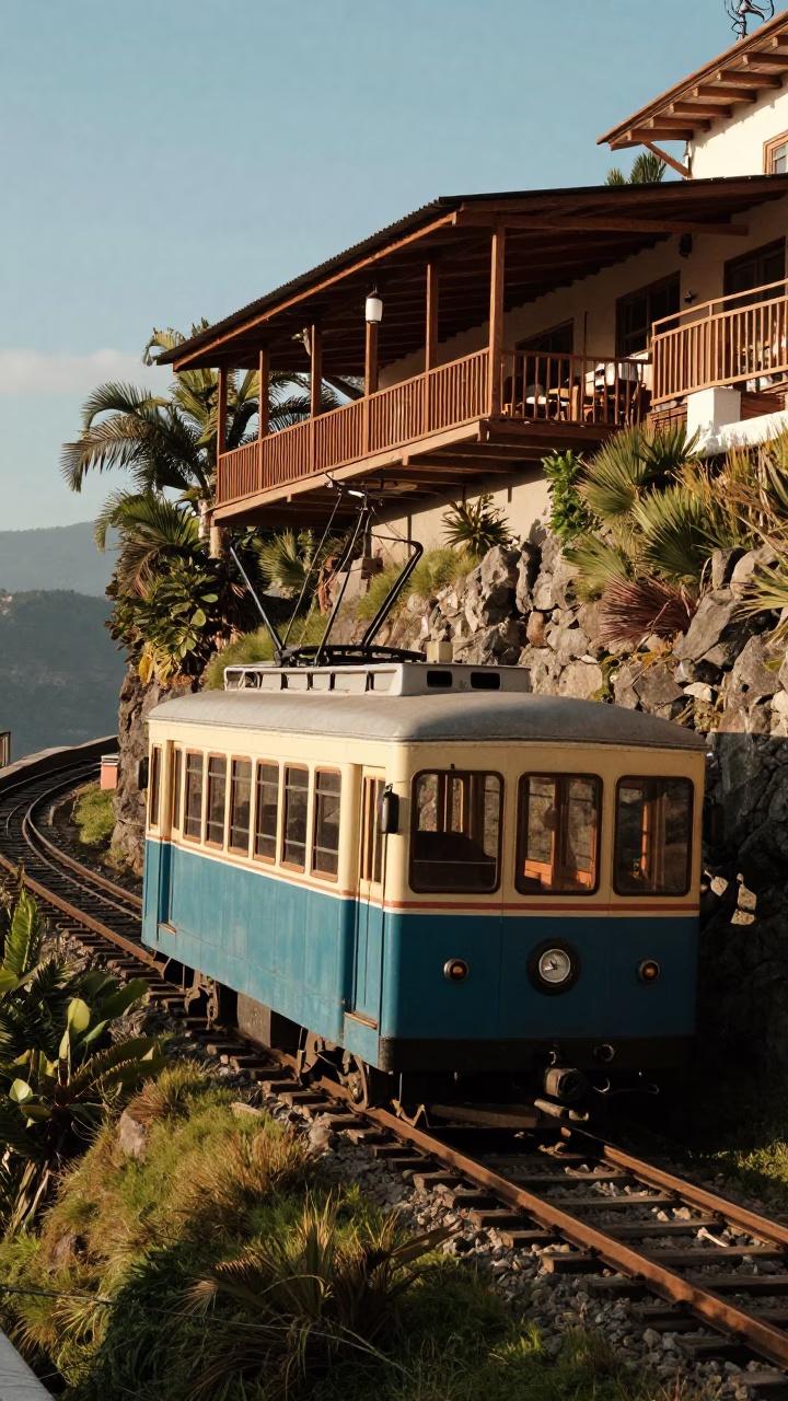 Vintage 1980s Quito Ecuador Funicular Railway Cliffside Restaurant Exterior Late Morning in in Quito, Ecuador