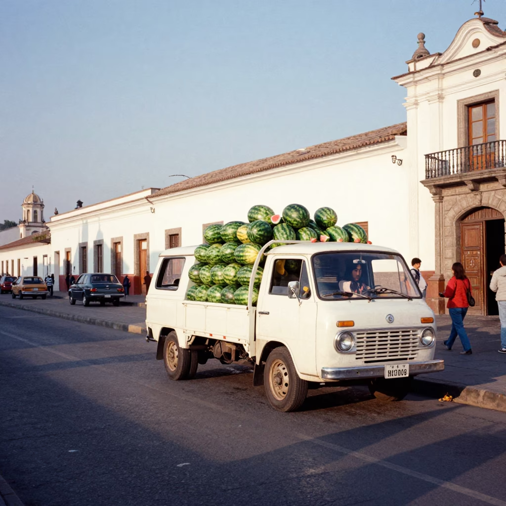 Vintage 1980s Quito Street Scene with Watermelon Vendor Truck in in Quito, Ecuador