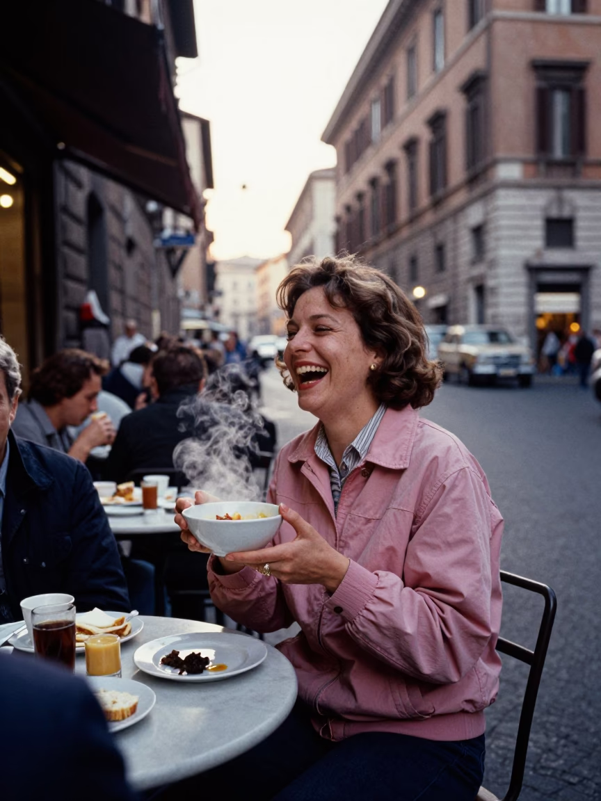 Vintage 1980s Rome Morning Street Scene with Local Breakfast and Tram in in Rome, Italy