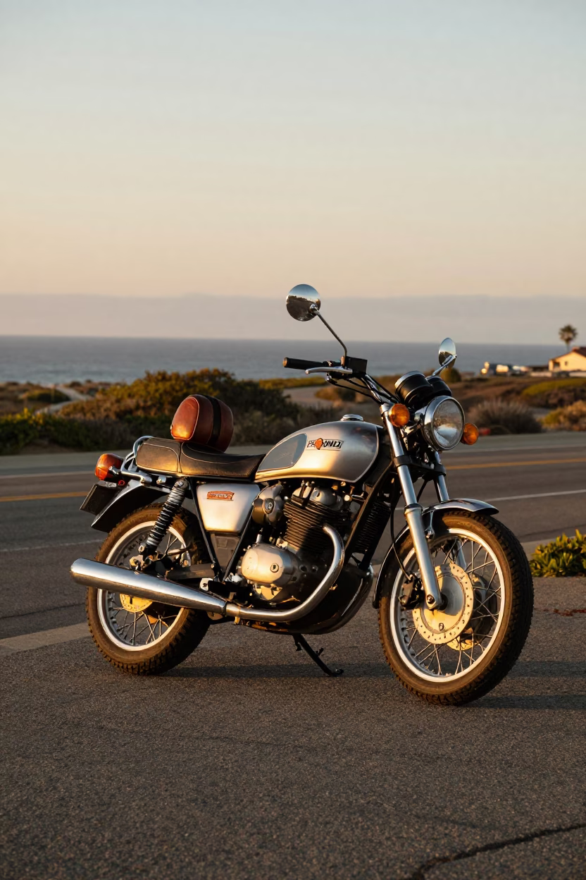 Vintage 1980s San Diego Coastal Highway Motorcycle in Honeyed Evening Light in in San Diego, California, United States