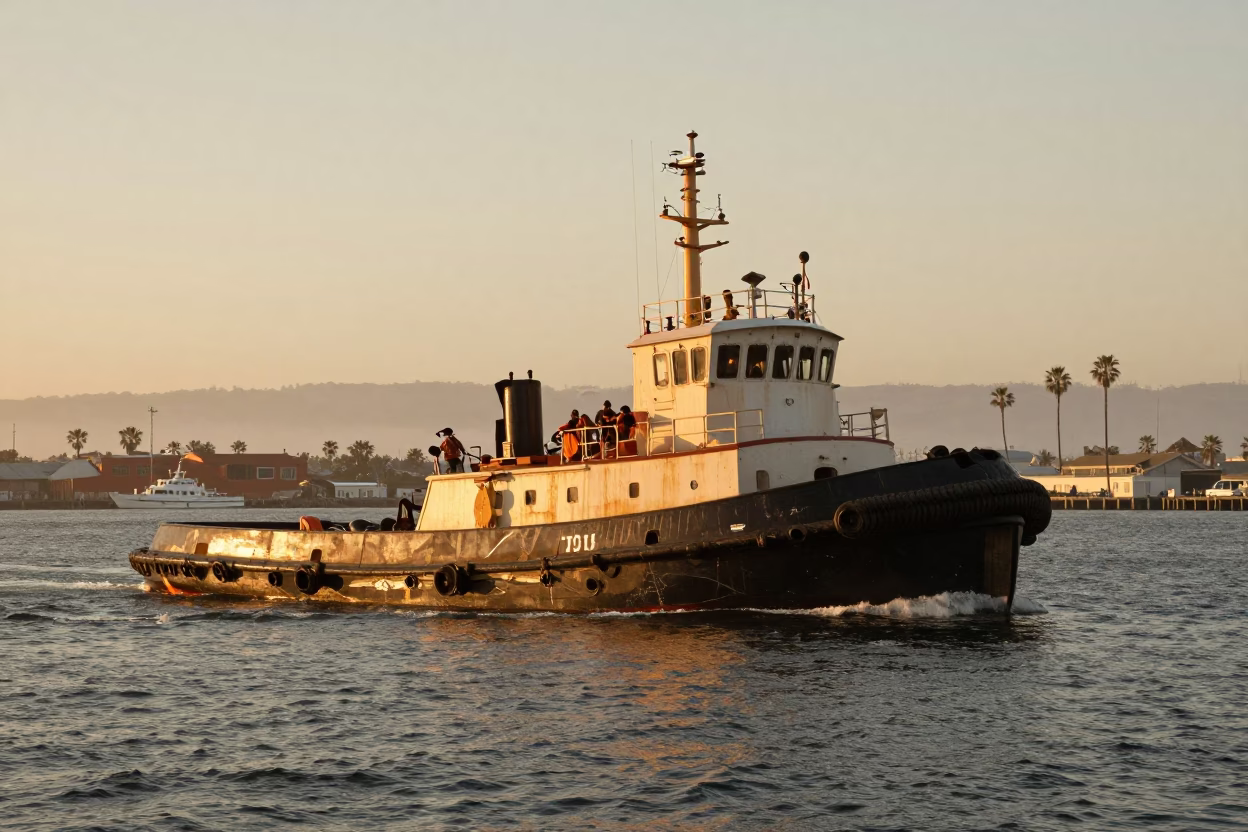Vintage 1980s San Diego Harbor Evening with Tugboat and Condensation on Glass in in San Diego, California, United States