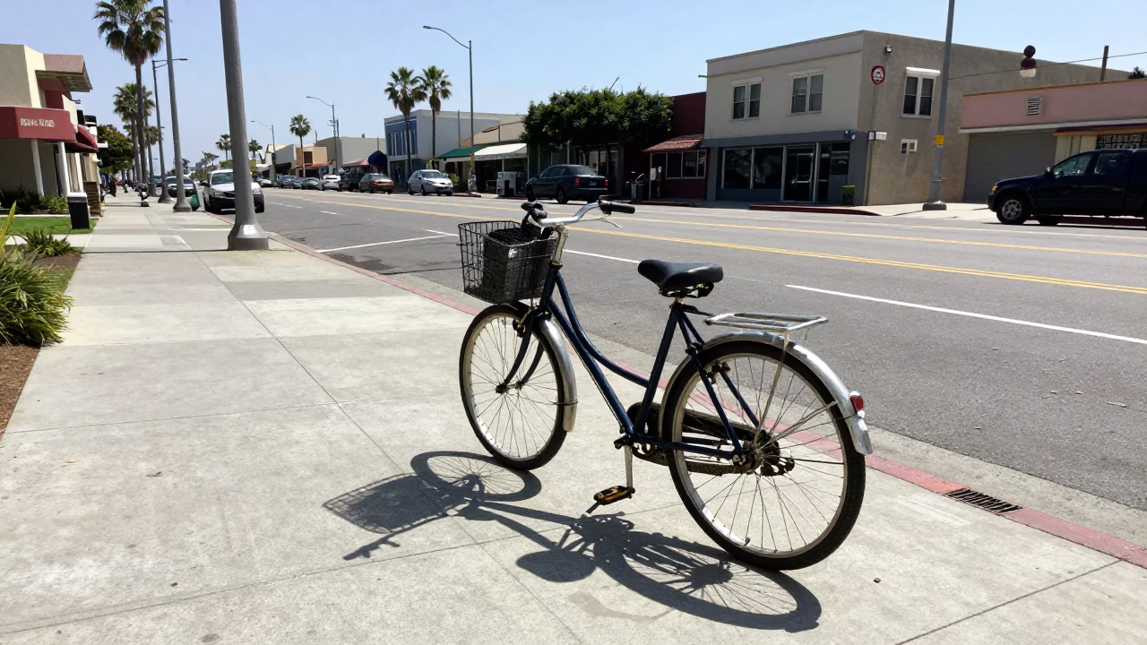 Vintage 1980s San Diego Midday Street Scene with Bicycle and Coastal Architecture in in San Diego, California, United States