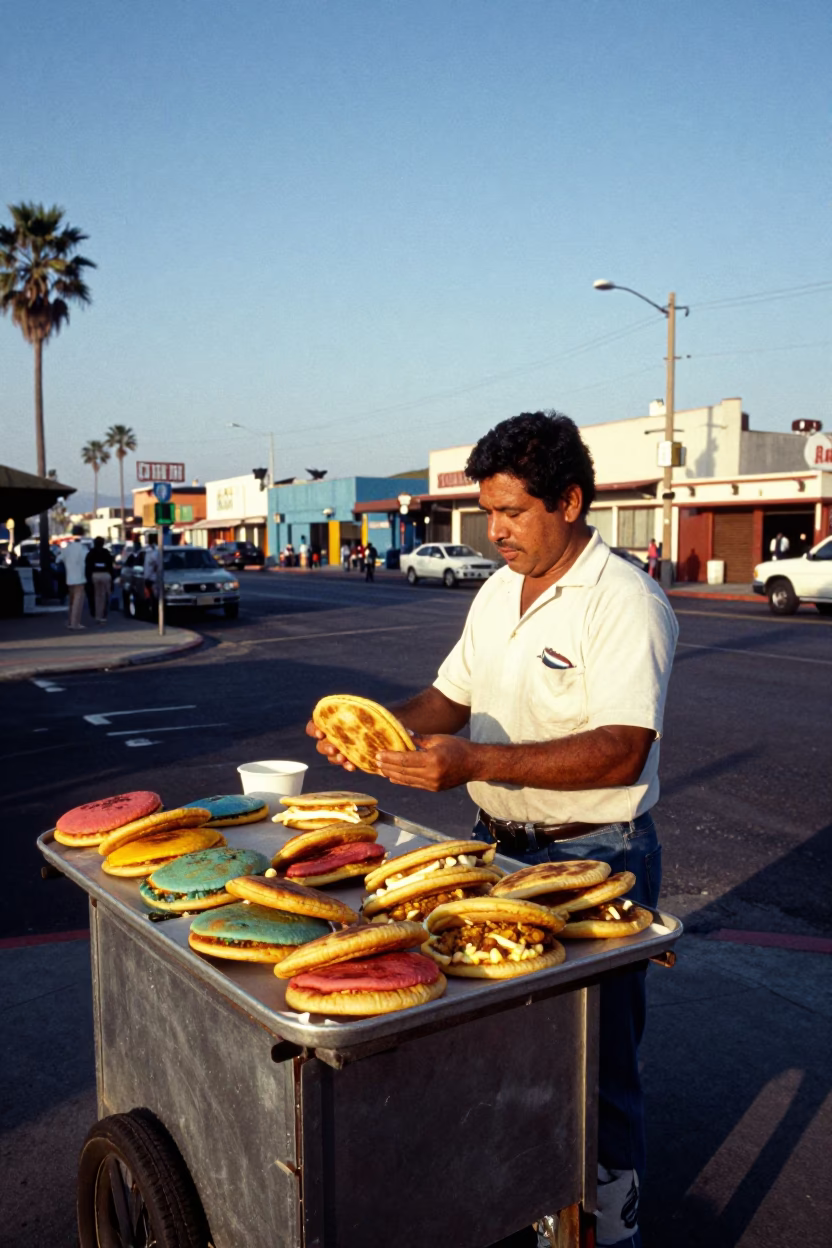Vintage 1980s San Diego Street Scene with Colorful Arepas and Local Life in in San Diego, California, United States