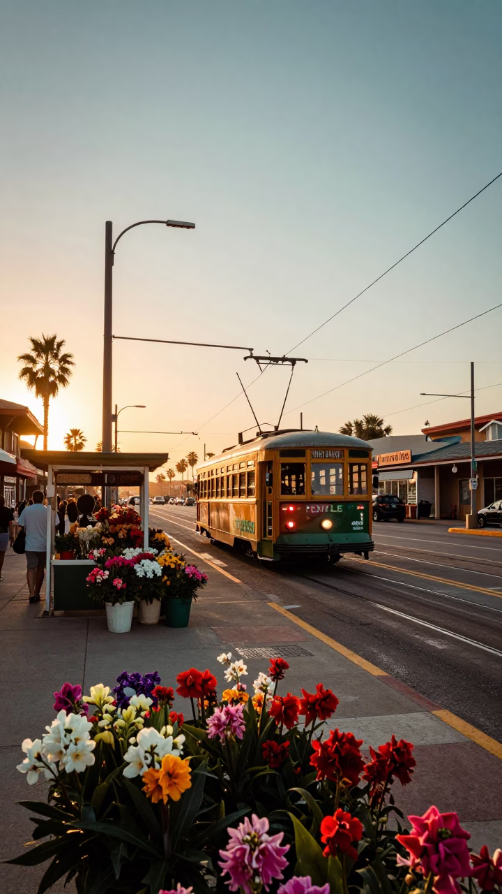 Vintage 1980s San Diego Sunset Scene with Tram and Flower Market Stop in in San Diego, California, United States