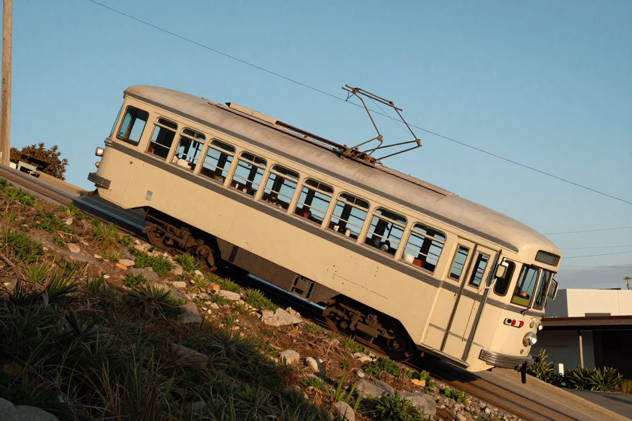 Vintage 1980s San Diego Tram Climbing Steep Hill in Early Afternoon Sunlight in in San Diego, California, United States