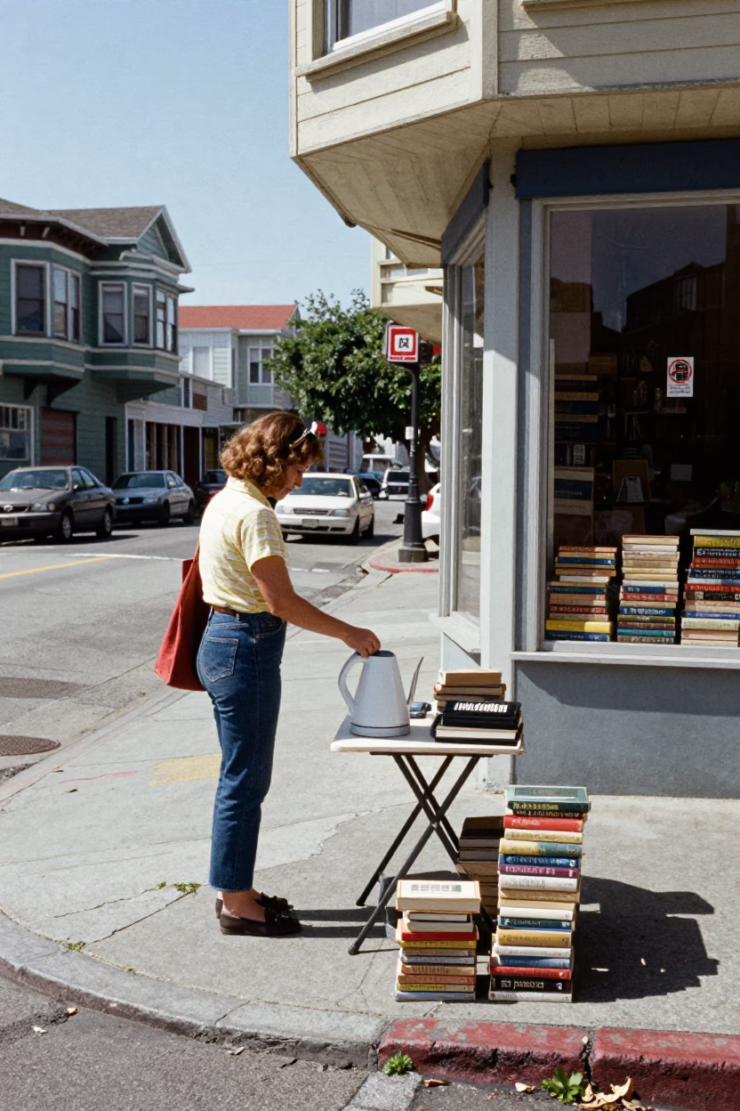 Vintage 1980s San Francisco Street Scene with Books and Electric Kettle at Midday in in San Francisco, California, United States
