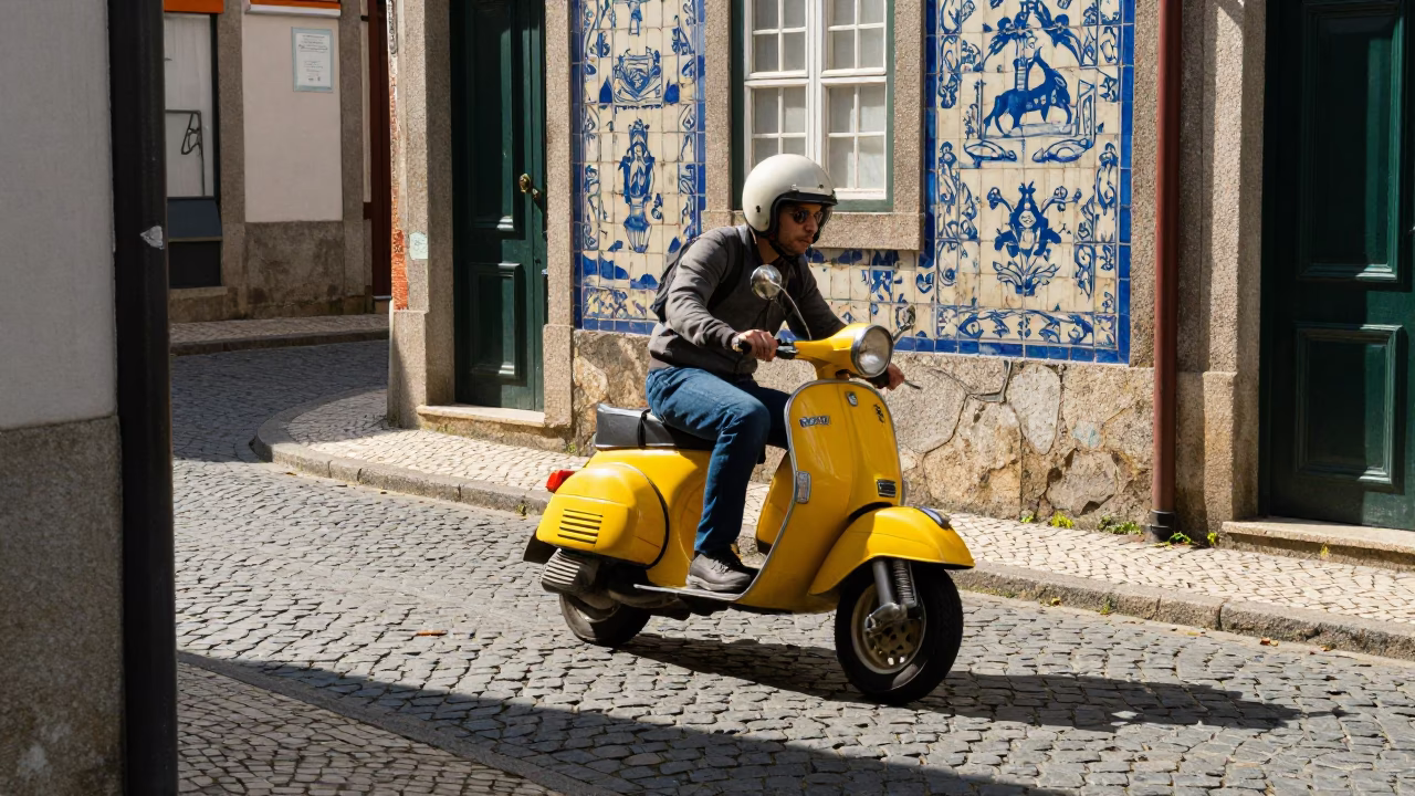 Vintage 1980s Scooter Weaving Through Narrow Cobblestone Streets of Porto Portugal Late Morning in in Porto, Portugal