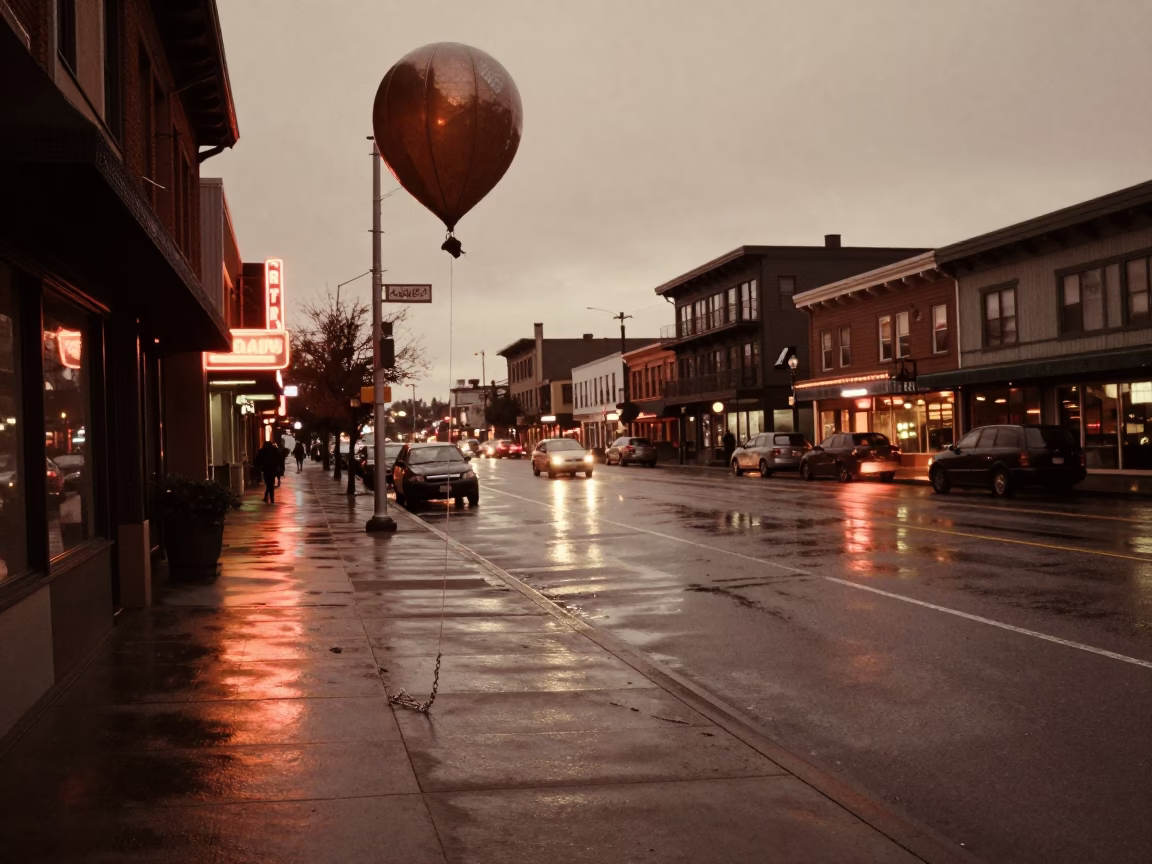 Vintage 1980s Seattle Dusk Street Scene with Weather Balloon Tarp and Urban Activity in in Seattle, Washington, United States