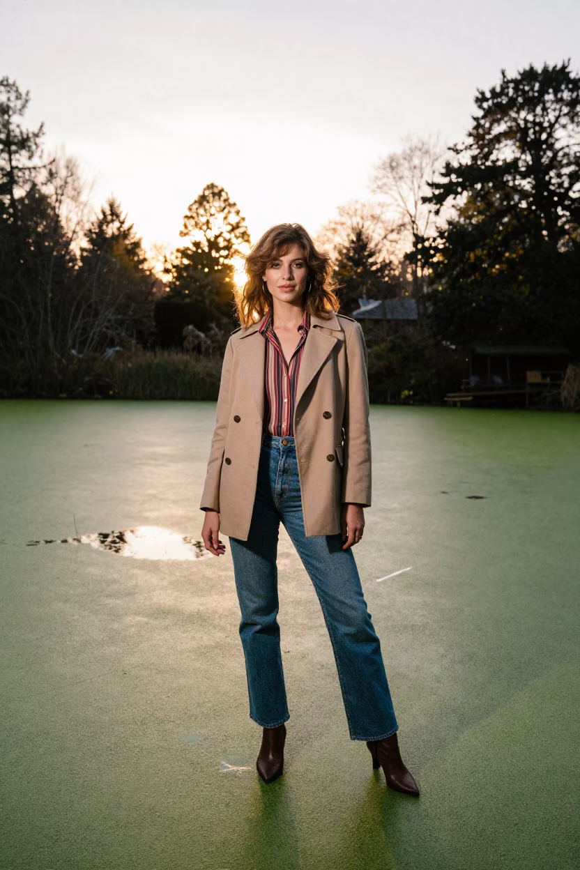 Vintage 1980s Seattle Fashion Portrait Near Duckweed Pond at Sunrise in in Seattle, Washington, United States