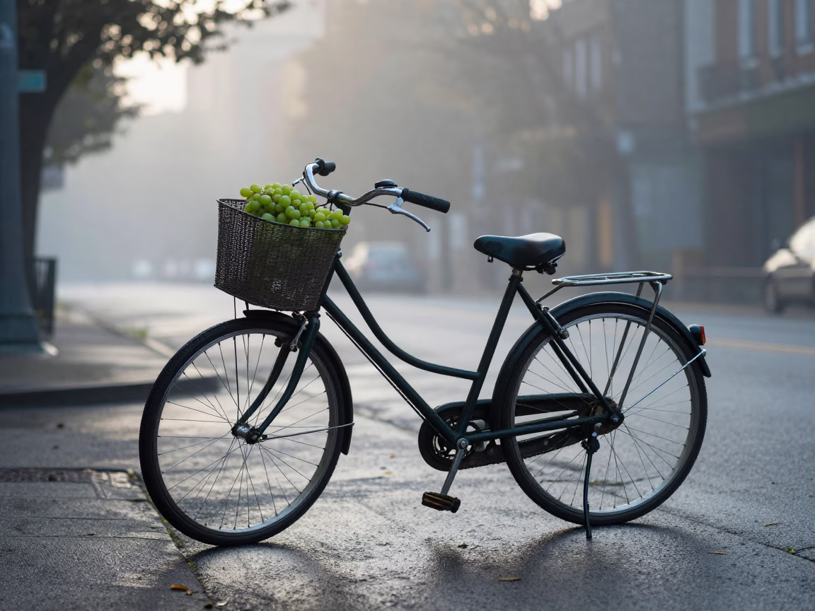 Vintage 1980s Seattle Morning Bicycle Basket with Grapes Near Stone Observatory Hilltop in in Seattle, Washington, United States