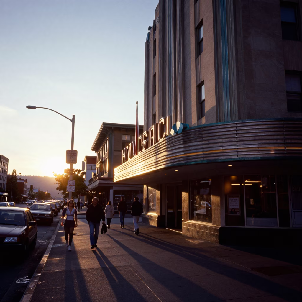 Vintage 1980s Seattle Street Scene with Art Deco Hotel Facade and Sunset in in Seattle, Washington, United States
