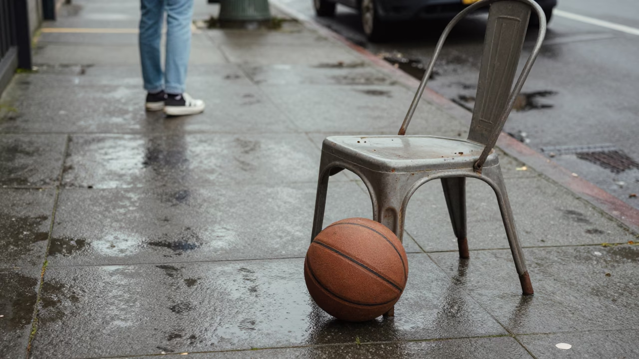 Vintage 1980s Seattle Street Scene with Leather Basketball and Chair on Wet Sidewalk in in Seattle, Washington, United States