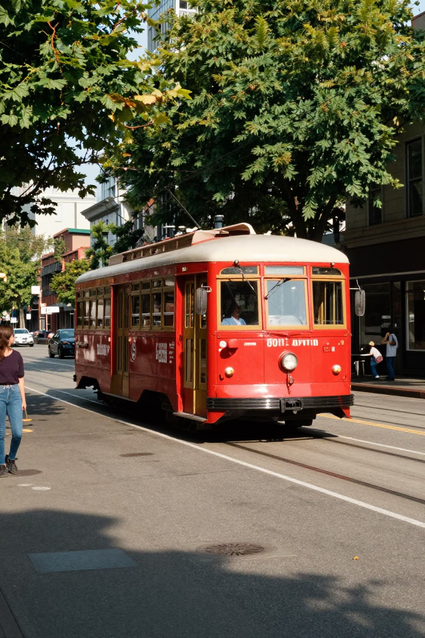 Vintage 1980s Seattle Street Scene with Old Trolley and Tree Lined Avenue in in Seattle, Washington, United States