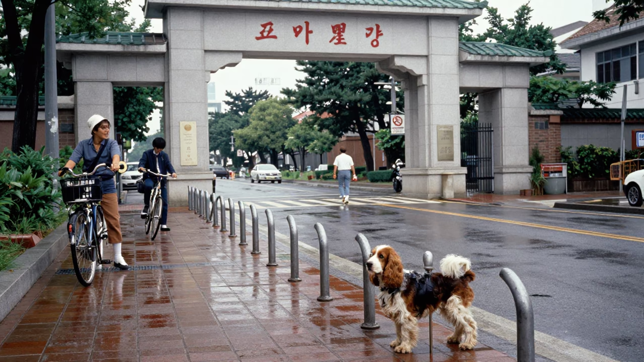 Vintage 1980s Seoul Street Scene with University Archway and Bicycle Rack in in Seoul, South Korea
