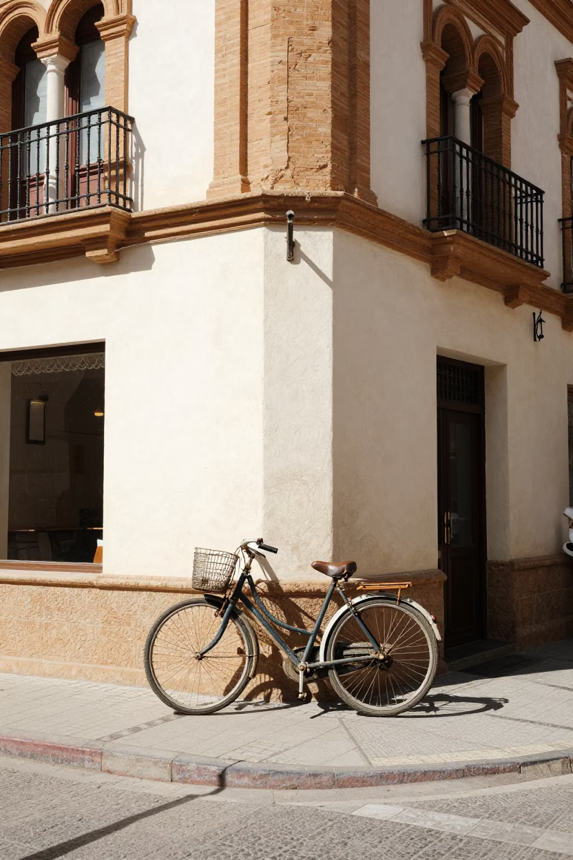 Vintage 1980s Seville Street Scene with Bicycle and Traditional Architecture in in Seville, Spain