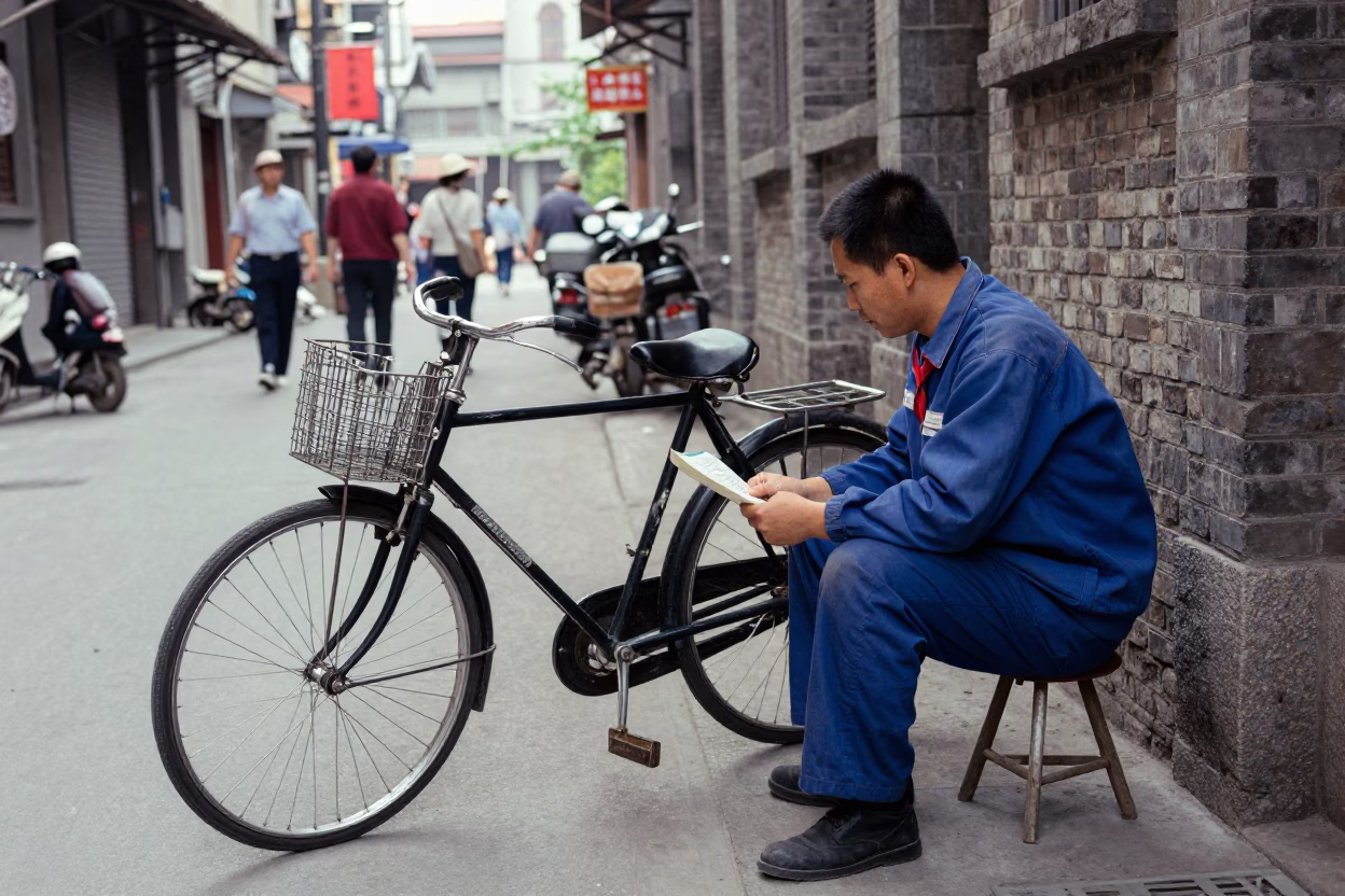 Vintage 1980s Shanghai Street Scene with Bicycle and Ledger in Early Afternoon in in Shanghai, China