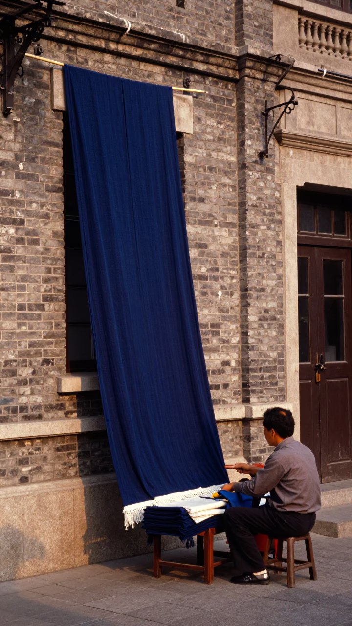 Vintage 1980s Shanghai Street Scene with Indigo Fabric and Urban Life in in Shanghai, China