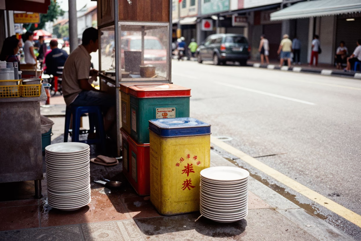 Vintage 1980s Singapore Street Scene with Colorful Storage Tins and Daily Commerce in in Singapore, Singapore