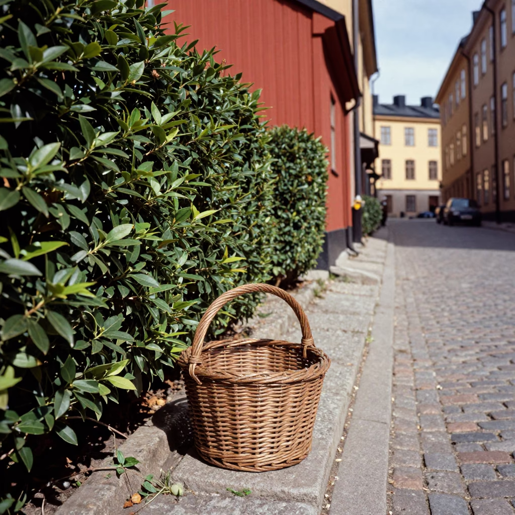 Vintage 1980s Stockholm Street Scene with Boxwood Hedges and Wicker Basket in in Stockholm, Sweden
